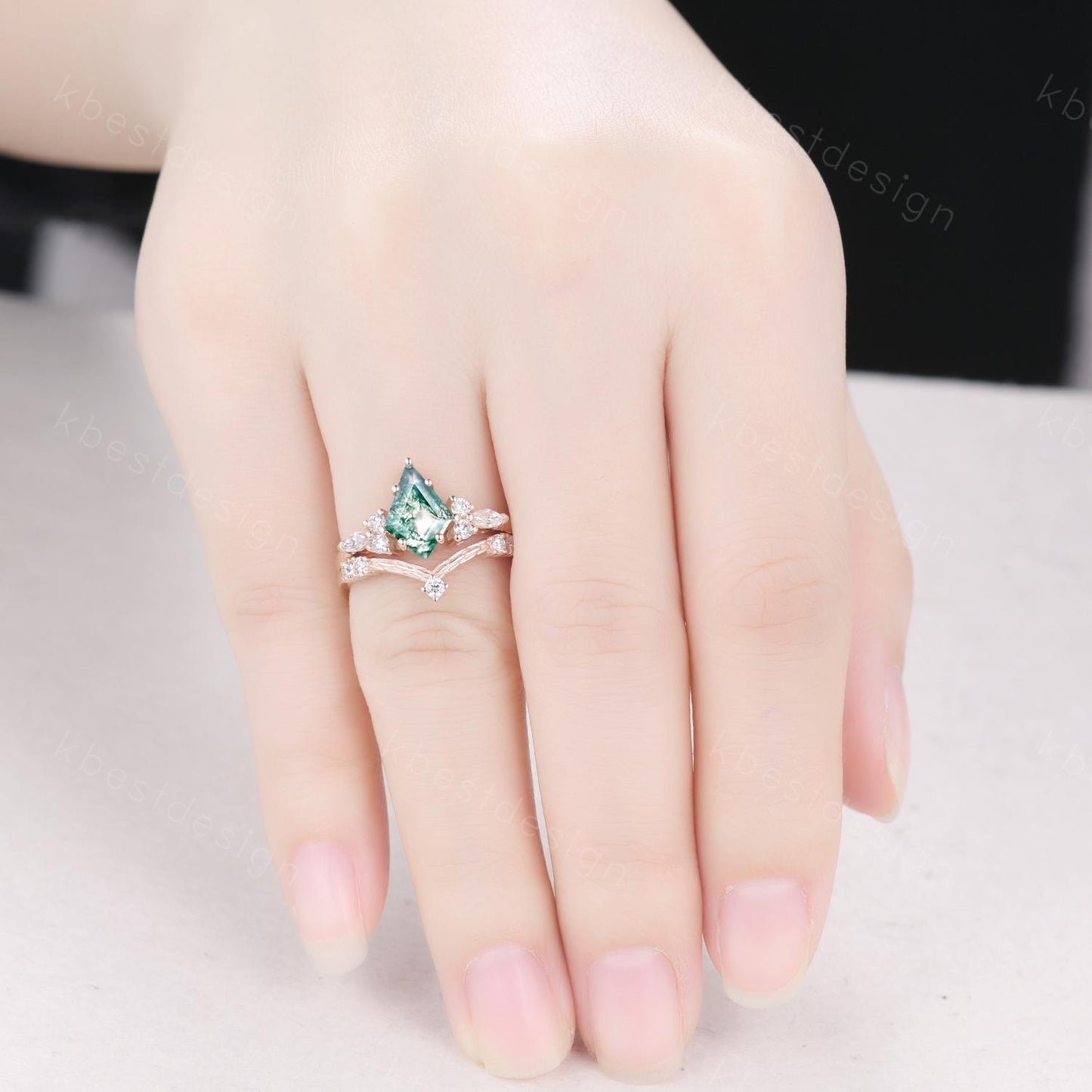 Vintage moss agate engagement ring set rose gold cluster moissanite ring for women curved stacking matching bands Promise anniversary ring