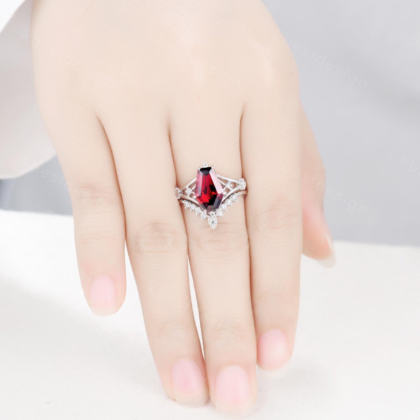 12x8mm Coffin cut Garnet Ring Unique Statement Ring Art Deco Engagement Ring Set Curved Moissanite Stacking Band Promise Bridal Ring