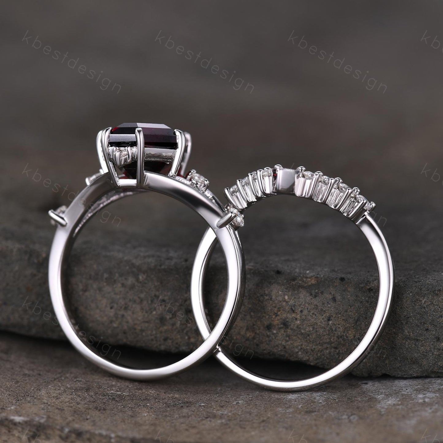 12x8mm Coffin cut Garnet Ring Unique Statement Ring Art Deco Engagement Ring Set Curved Moissanite Stacking Band Promise Bridal Ring