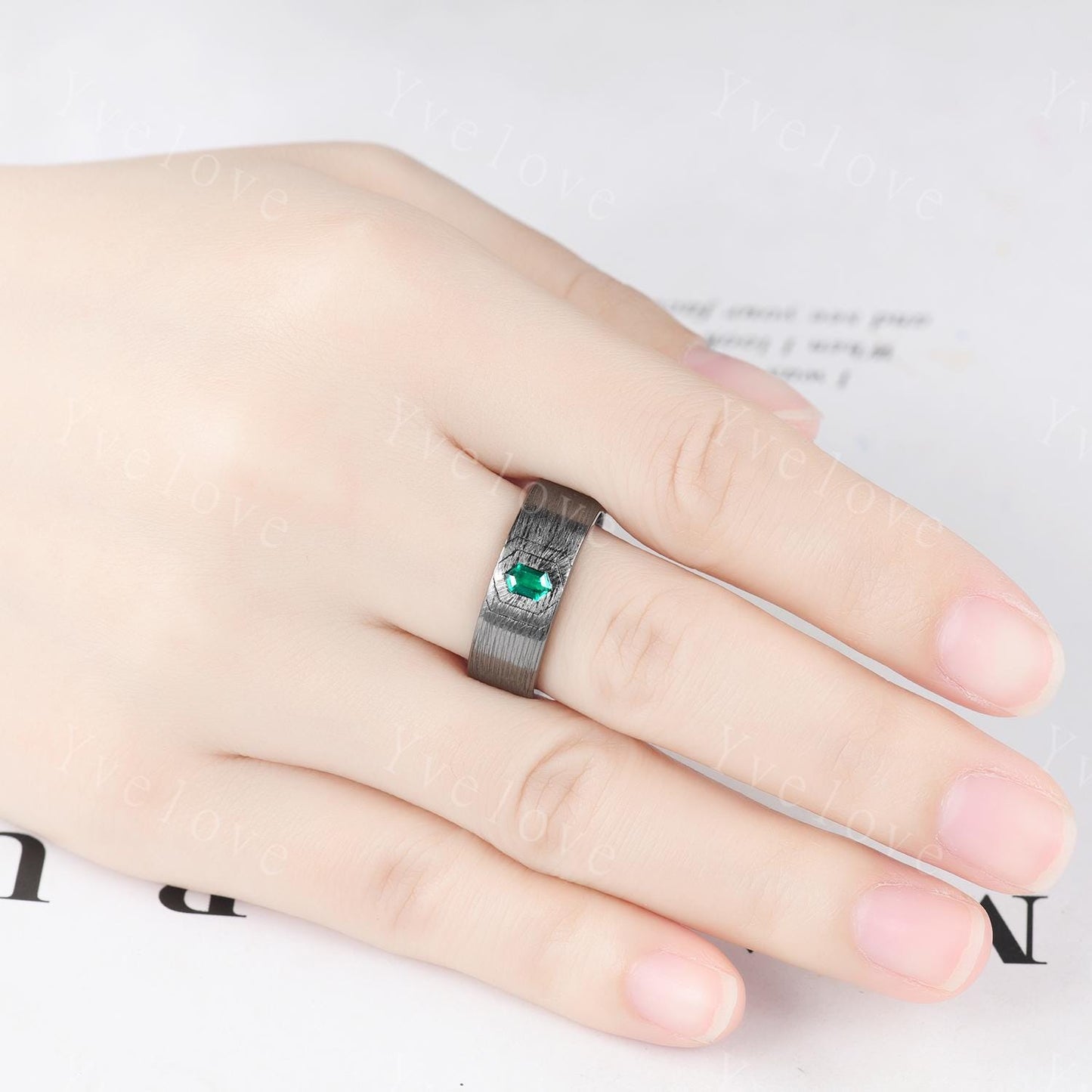 7mm Black Gold Mens Hexagon Emerald Wedding Band Green Emerald Engagement Ring Brush Finished Band Mens Stacking Band Promise Ring Handmade