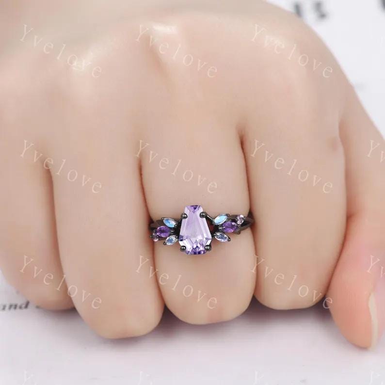 Gothic Coffin Lavender Amethyst Engagement Ring,Black Gold Ring,Vines Moonstone Pink Sapphire Ring,Bridal Set Anniversary Gift Promise Ring