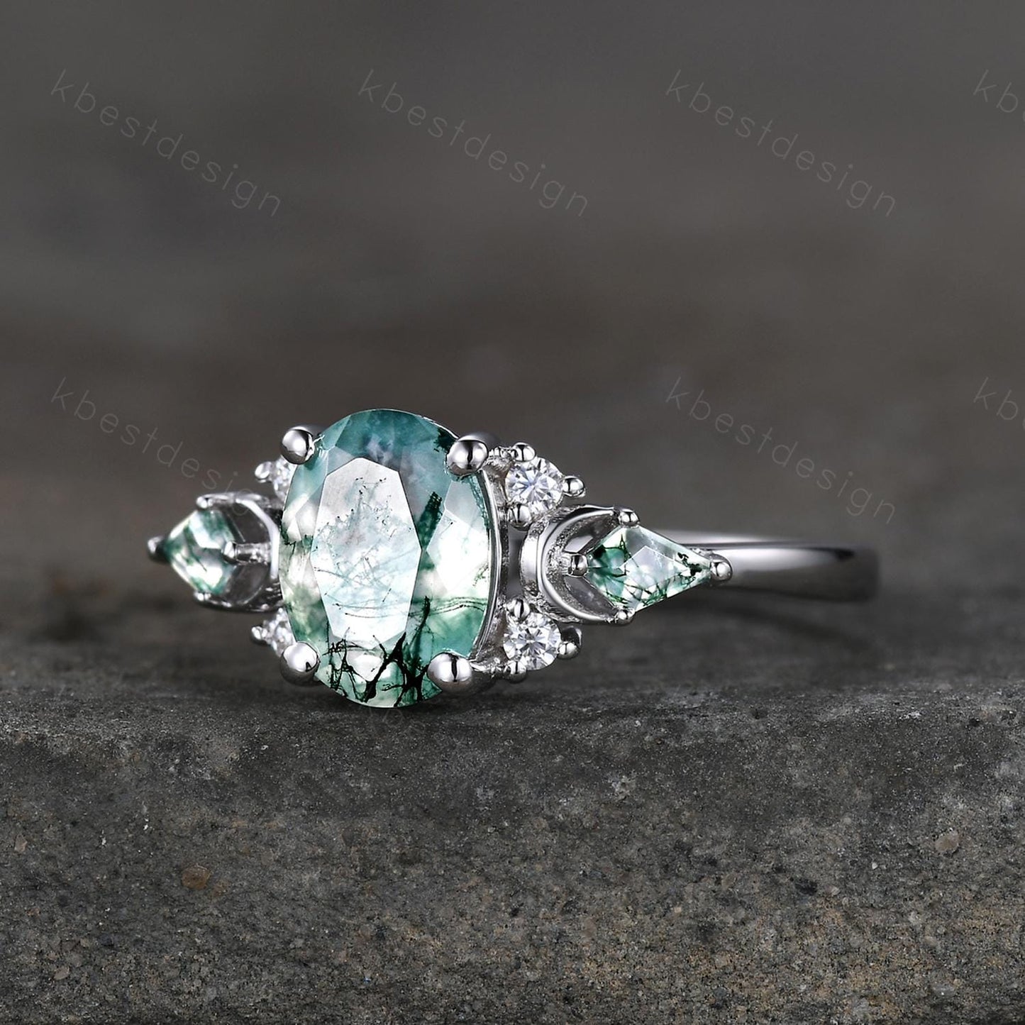 Vintage moss agate engagement ring unique promise ring for women crescent style ring kite cut moss agate cluster ring bridal ring
