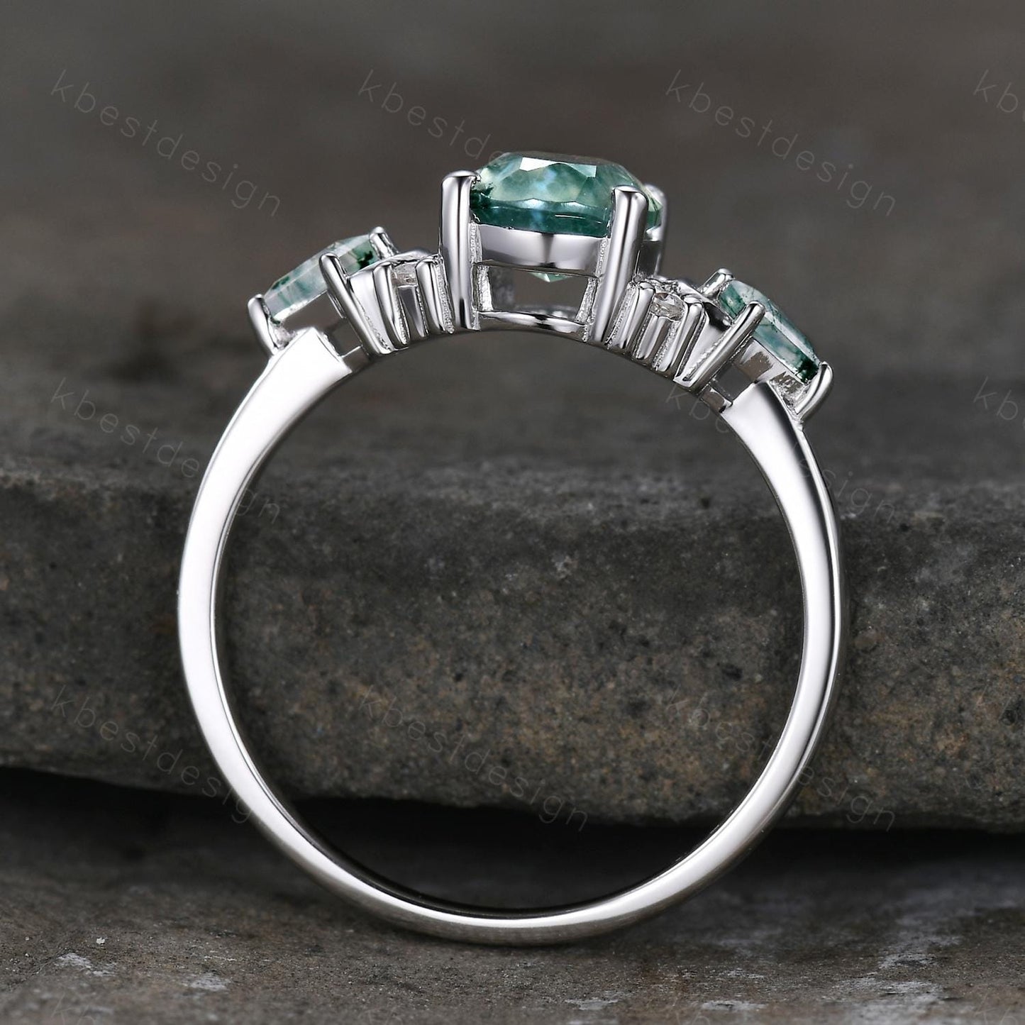 Vintage moss agate engagement ring unique promise ring for women crescent style ring kite cut moss agate cluster ring bridal ring