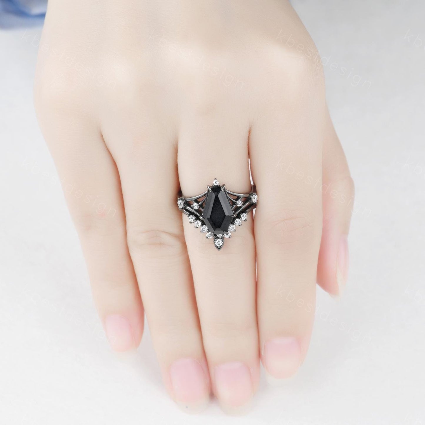 Gothic Black Onyx Engagement Ring Set Black Gold Rings For Women Unique Curved Moissanite Stacking Band Promise Statement Ring