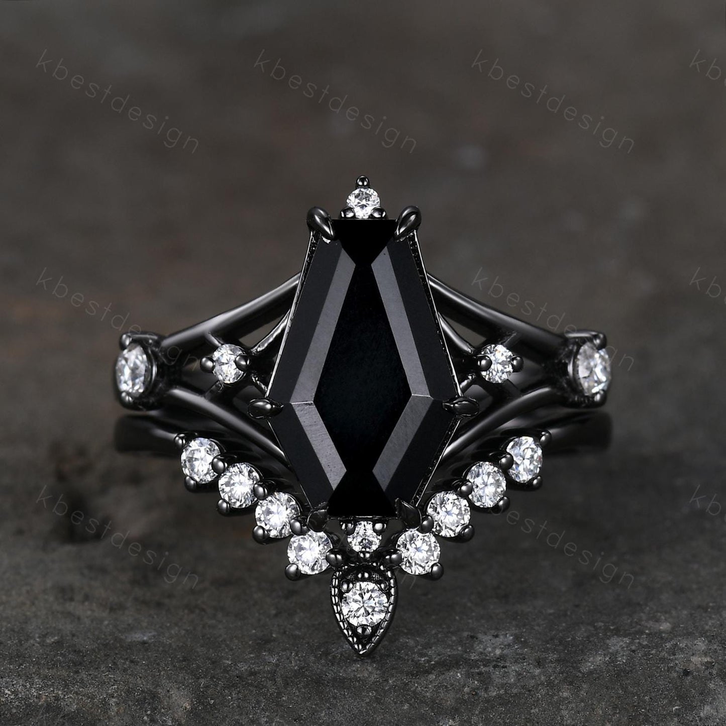 Gothic Black Onyx Engagement Ring Set Black Gold Rings For Women Unique Curved Moissanite Stacking Band Promise Statement Ring