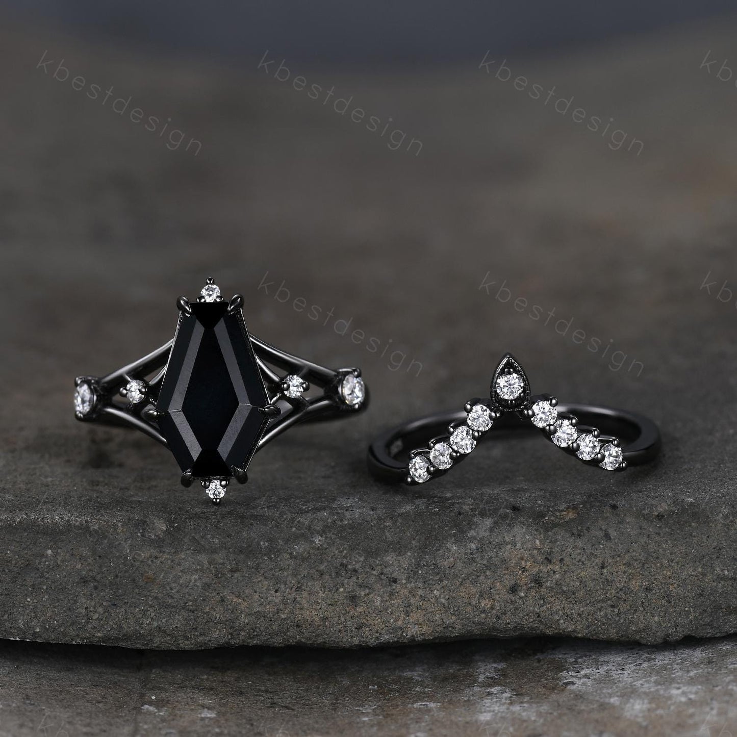 Gothic Black Onyx Engagement Ring Set Black Gold Rings For Women Unique Curved Moissanite Stacking Band Promise Statement Ring