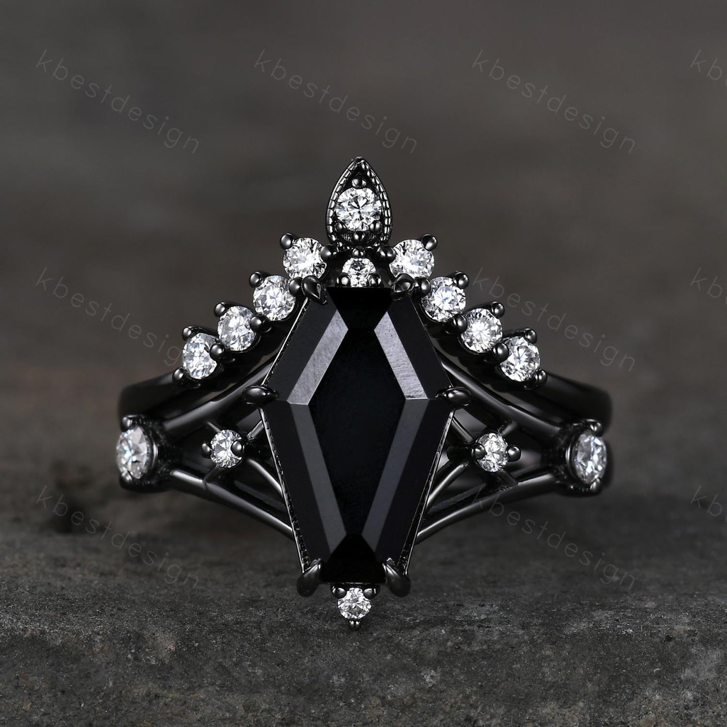Gothic Black Onyx Engagement Ring Set Black Gold Rings For Women Unique Curved Moissanite Stacking Band Promise Statement Ring