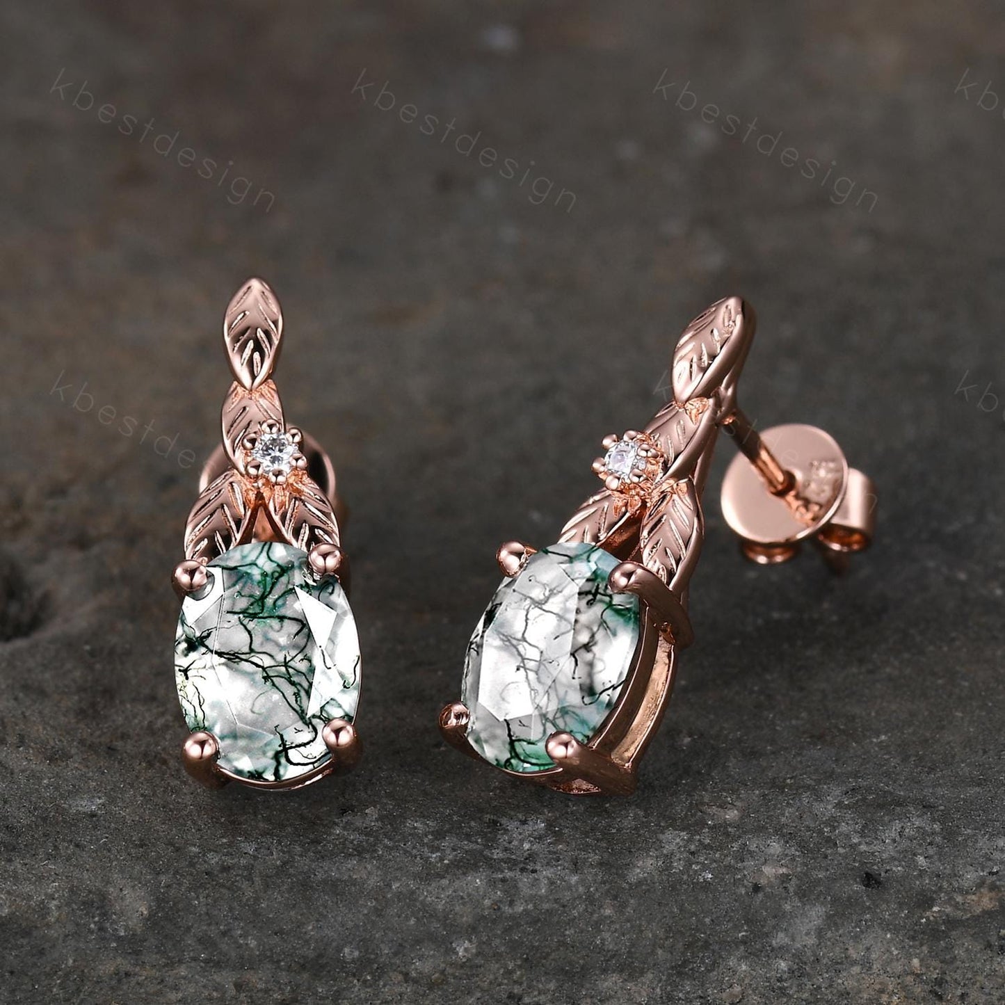 Oval cut moss agate earrings women rose gold earring studs branch leaf earrings nature inspired green agate studs anniversary gift for her