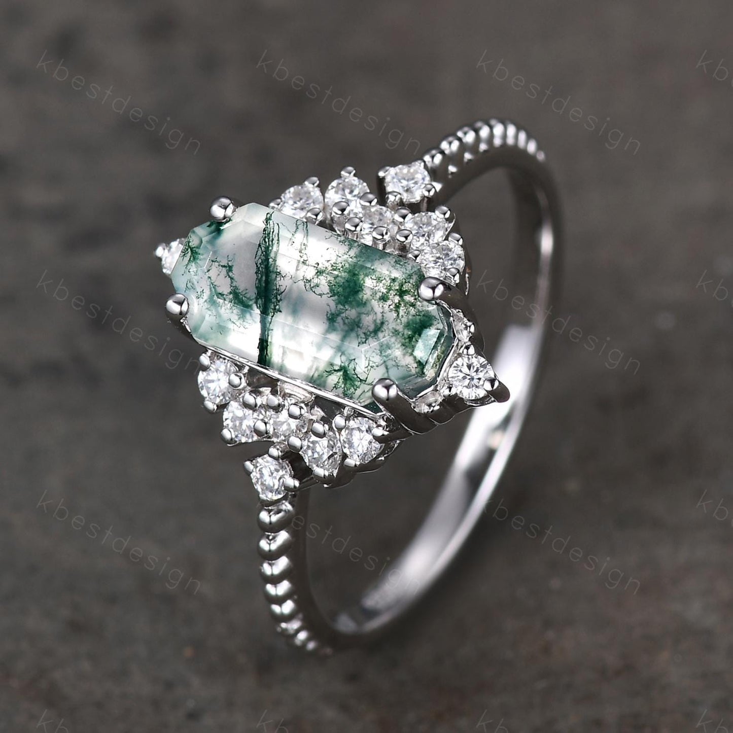 Retro moss agate engagement ring Long hexagon cut ring for women moissanite cluster ring art deco promise ring bridal ring
