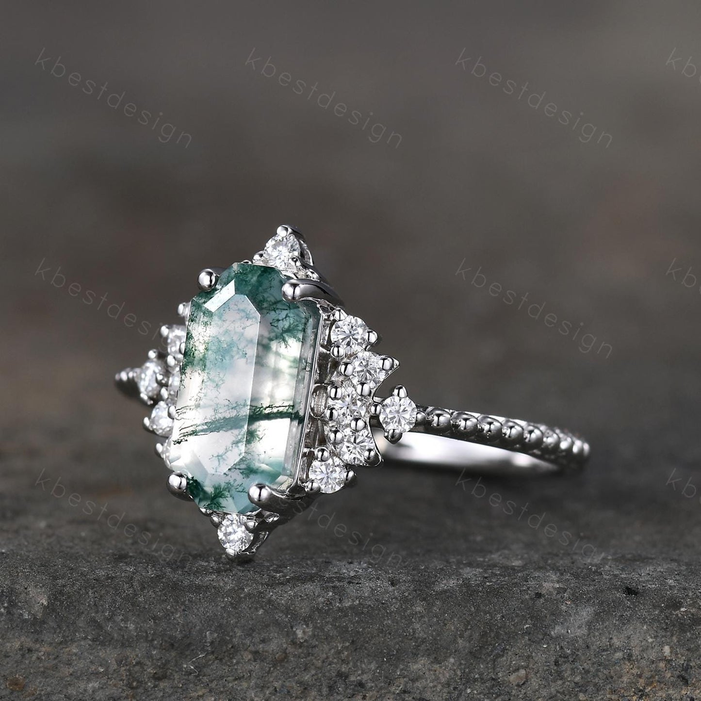 Retro moss agate engagement ring Long hexagon cut ring for women moissanite cluster ring art deco promise ring bridal ring