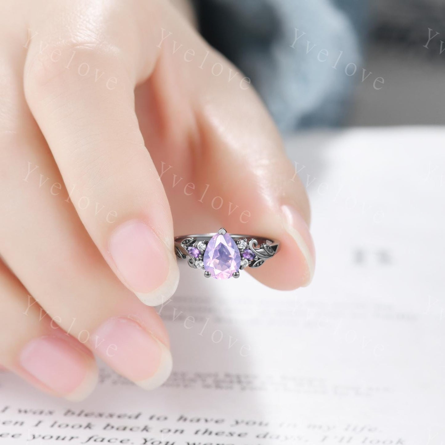 Pear Cut Natural Lavender Amethyst Engagement Ring Set February Birthstone Amethyst Ring Black Gold Leaf Nature Inspired Bridal Ring Set