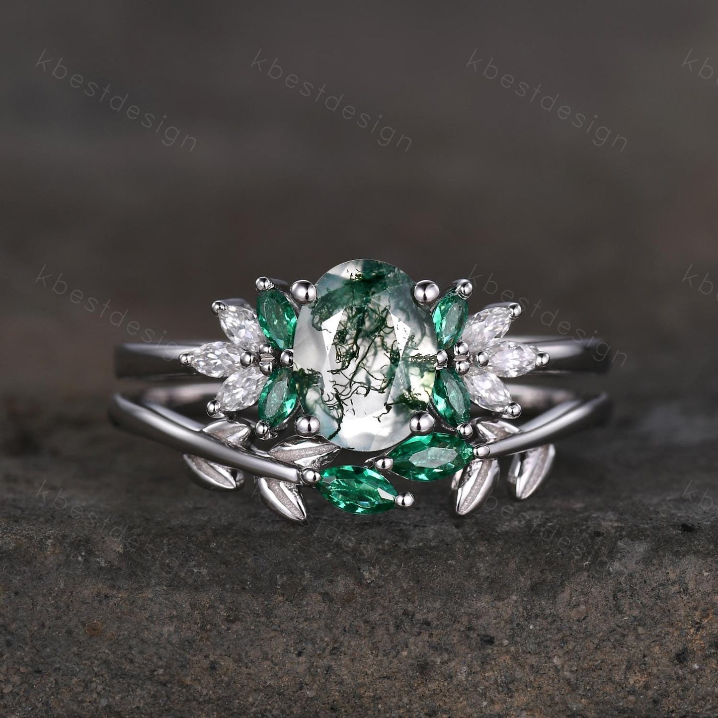 Vintage oval moss agate engagement ring set Curved emerald stacking band leaf style ring unique art deco bridal wedding ring set