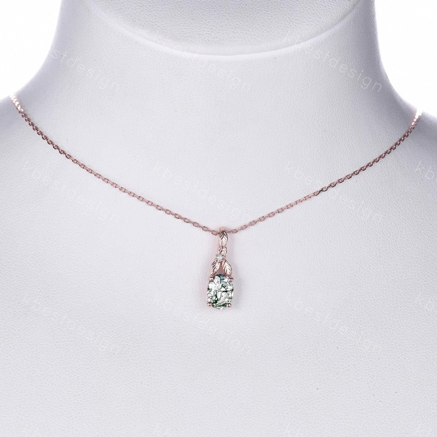 Oval cut moss agate necklace women rose gold necklace vine leaf pendant unique art deco bridal promise gift nature inspired necklace