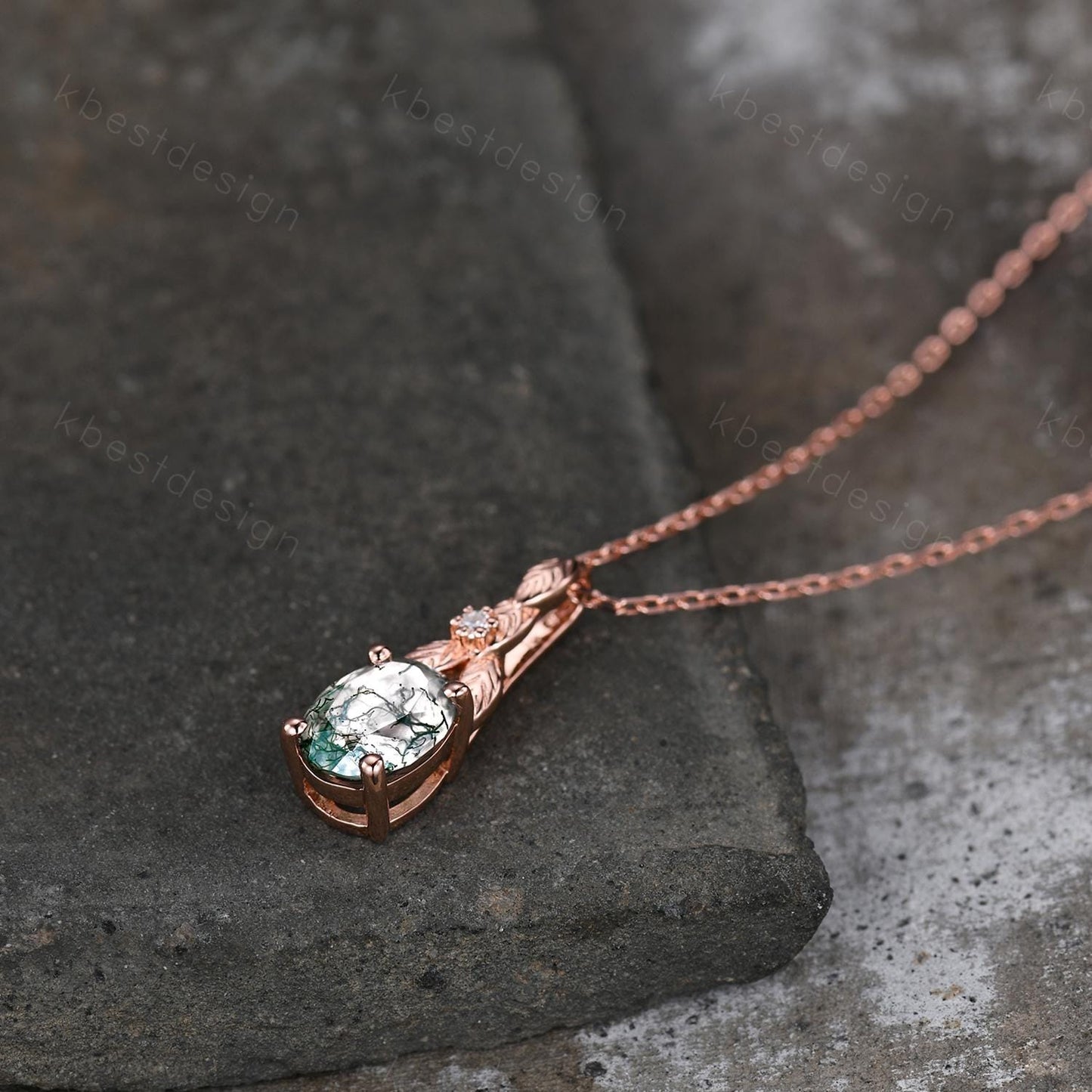 Oval cut moss agate necklace women rose gold necklace vine leaf pendant unique art deco bridal promise gift nature inspired necklace