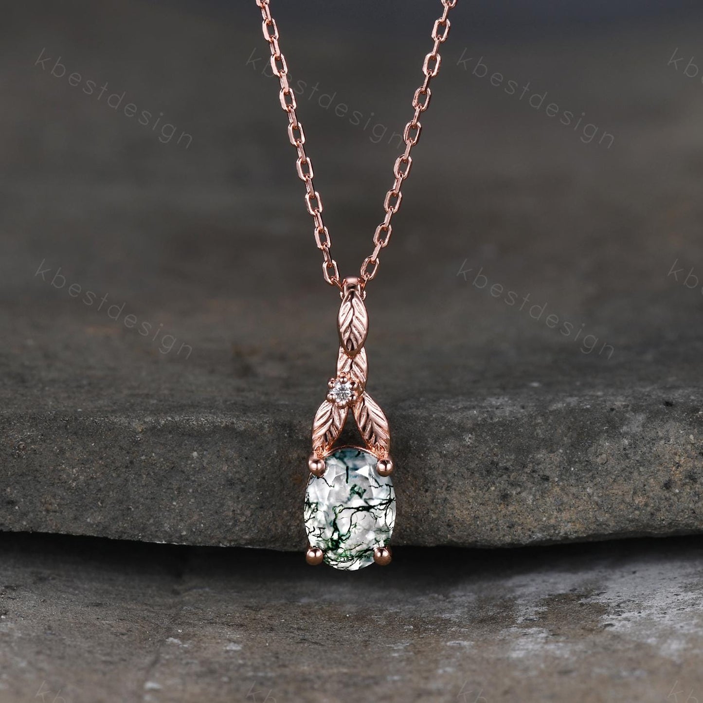 Oval cut moss agate necklace women rose gold necklace vine leaf pendant unique art deco bridal promise gift nature inspired necklace