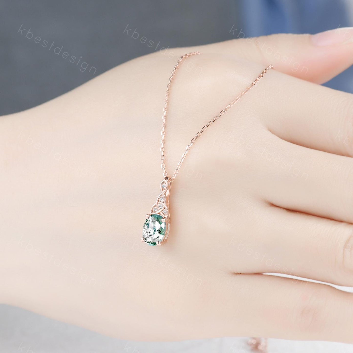 Celtic moss agate necklace women rose gold pendant necklace oval cut pendant art deco green agate necklace anniversary gift for her