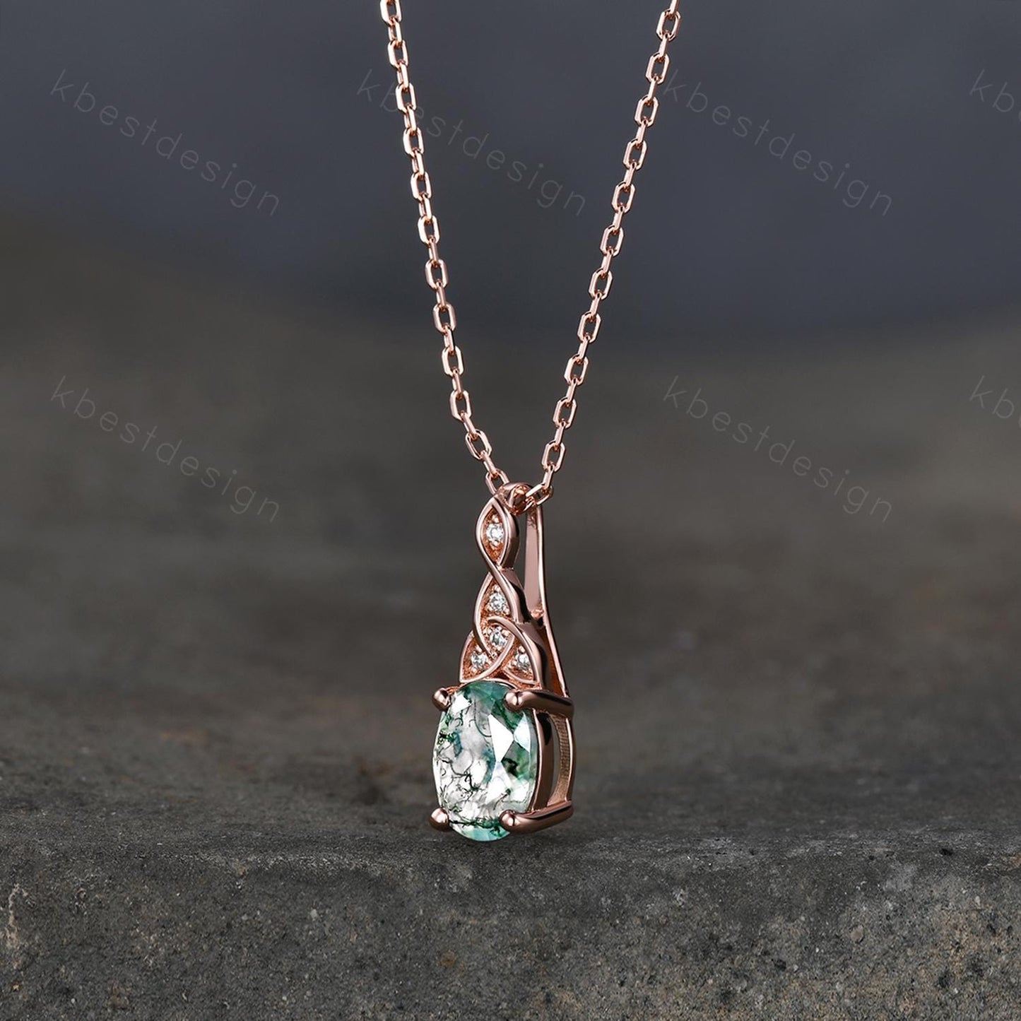 Celtic moss agate necklace women rose gold pendant necklace oval cut pendant art deco green agate necklace anniversary gift for her