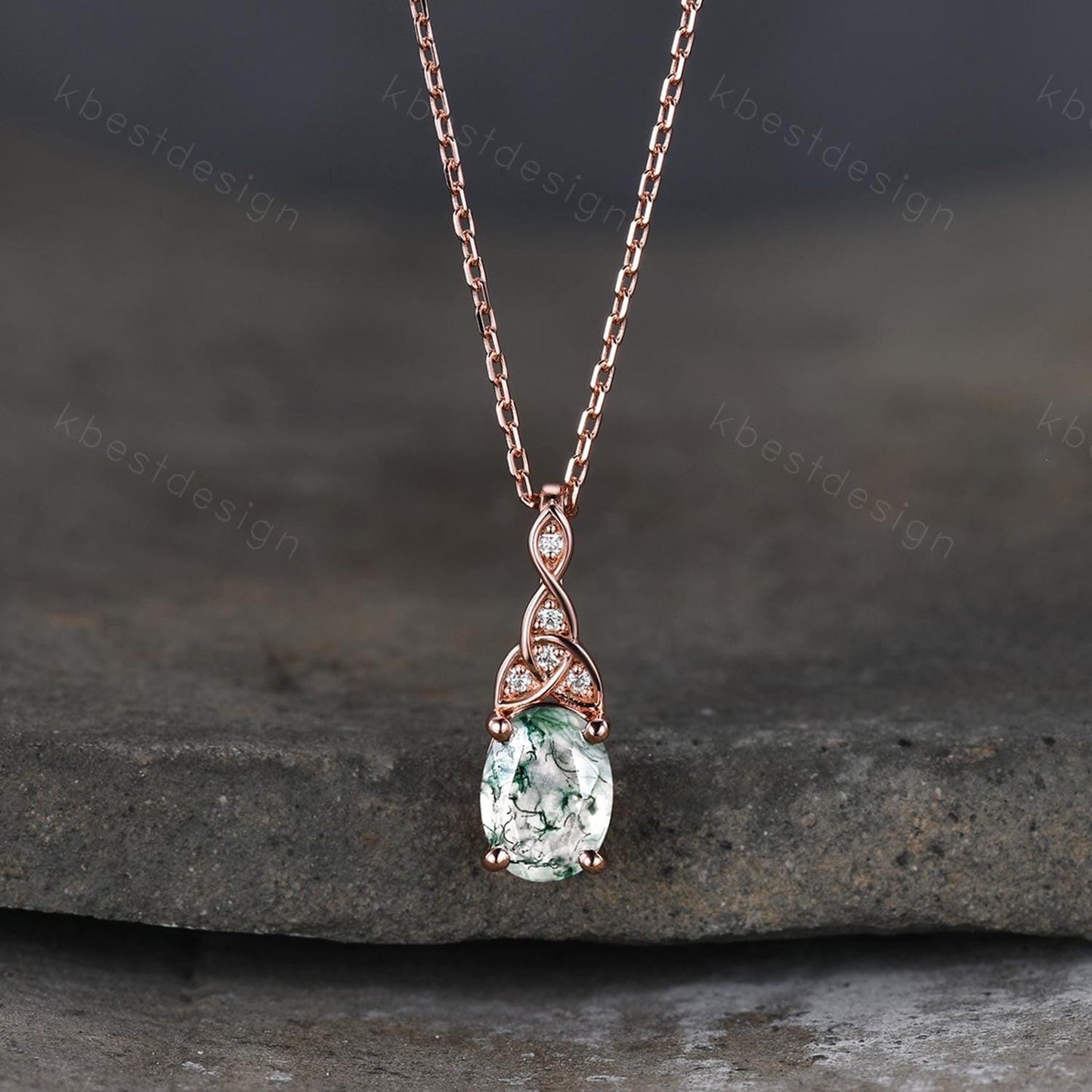 Celtic moss agate necklace women rose gold pendant necklace oval cut pendant art deco green agate necklace anniversary gift for her