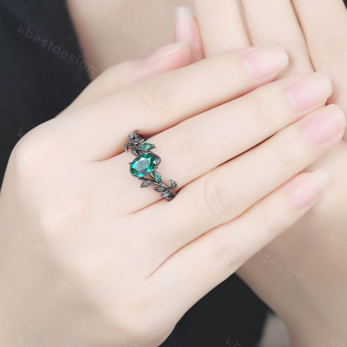 Vintage oval cut emerald engagement ring gothic black gold art deco emerald cluster ring nature inspired bridal promise ring for her