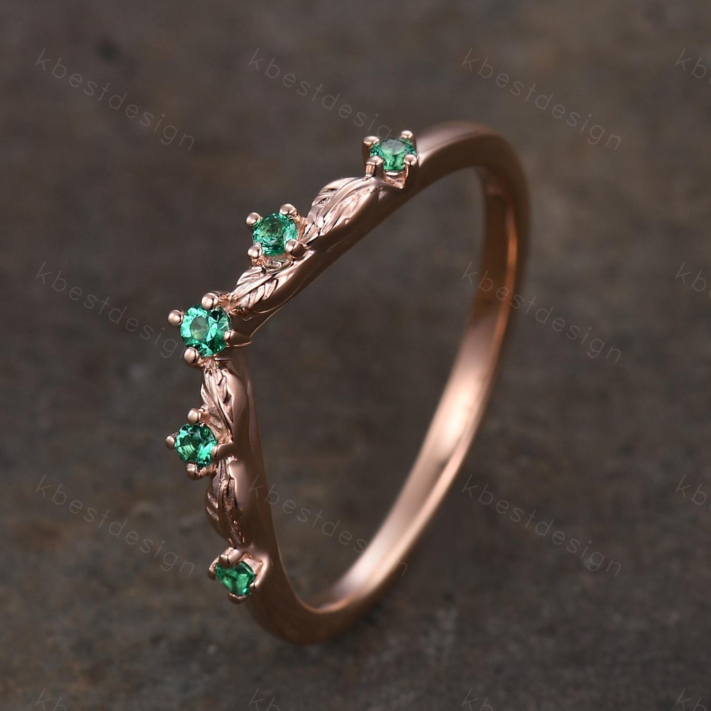 Vintage Curved Emerald Wedding Band Rose Gold Stacking Band Unique Leaf Style Matching Band for Women Nature Inspired Ring Anniversary Gift