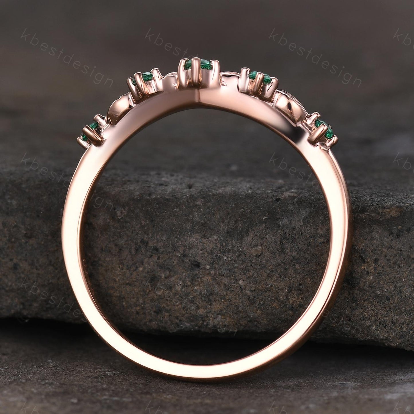 Vintage Curved Emerald Wedding Band Rose Gold Stacking Band Unique Leaf Style Matching Band for Women Nature Inspired Ring Anniversary Gift