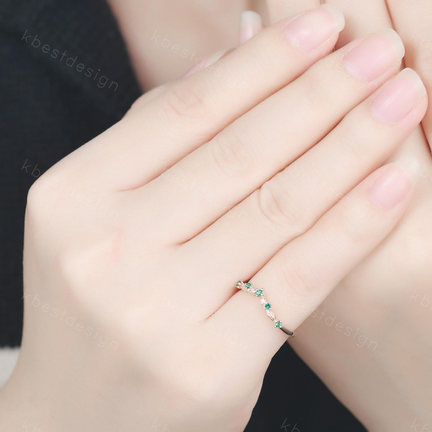 Vintage Curved Emerald Wedding Band Rose Gold Stacking Band Unique Leaf Style Matching Band for Women Nature Inspired Ring Anniversary Gift