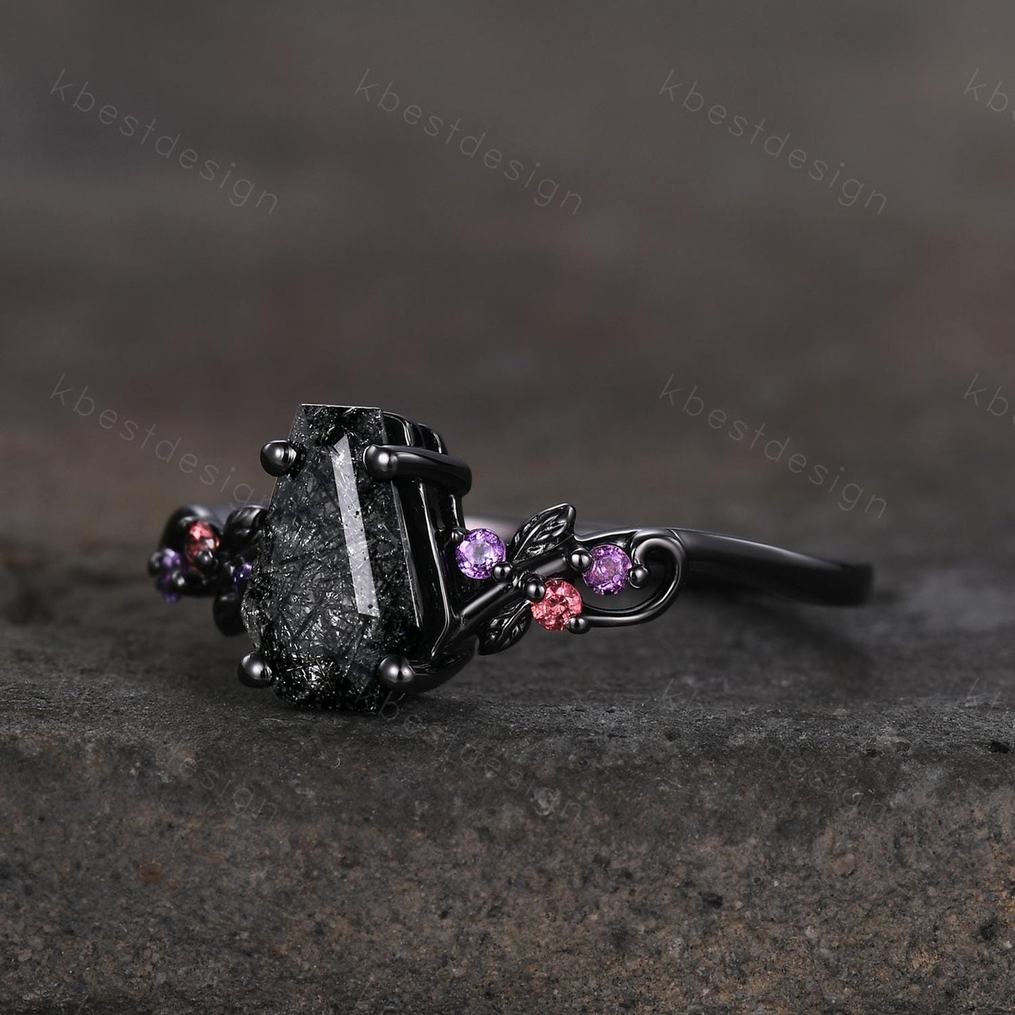 Coffin cut black rutilated quartz engagement ring black gold ring Art deco leaf design amethyst Bridal ring Unique promise ring