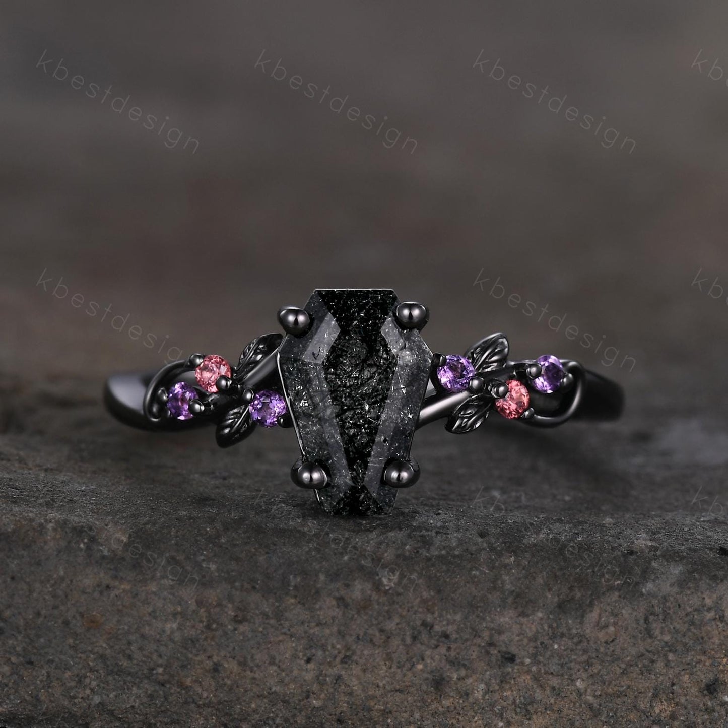 Coffin cut black rutilated quartz engagement ring black gold ring Art deco leaf design amethyst Bridal ring Unique promise ring