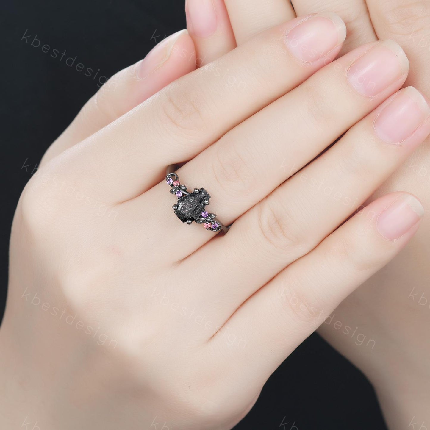 Coffin cut black rutilated quartz engagement ring black gold ring Art deco leaf design amethyst Bridal ring Unique promise ring
