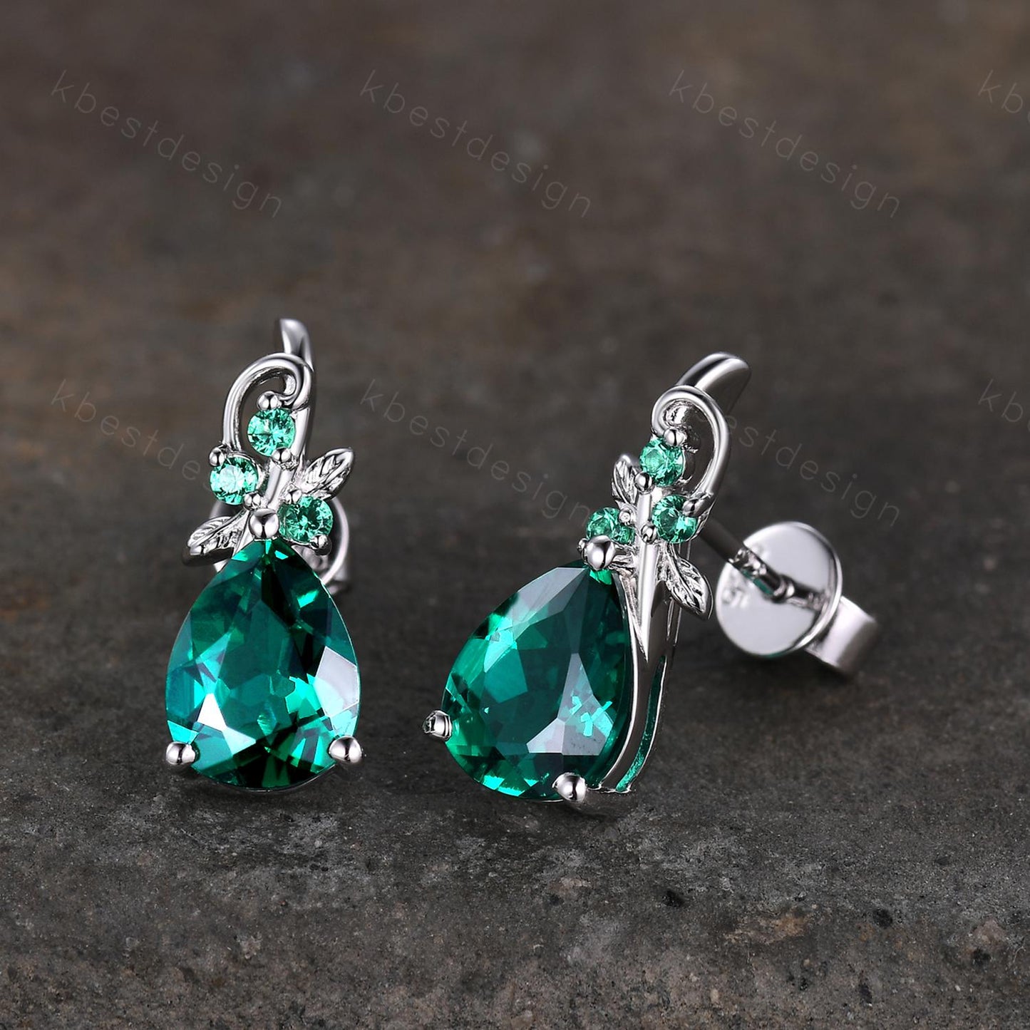 Nature inspired emerald earrings women 925 silver earring studs teardrop earrings art deco May birthstone studs anniversary gift for her