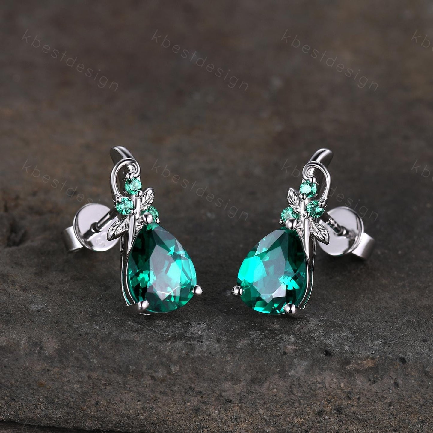Nature inspired emerald earrings women 925 silver earring studs teardrop earrings art deco May birthstone studs anniversary gift for her