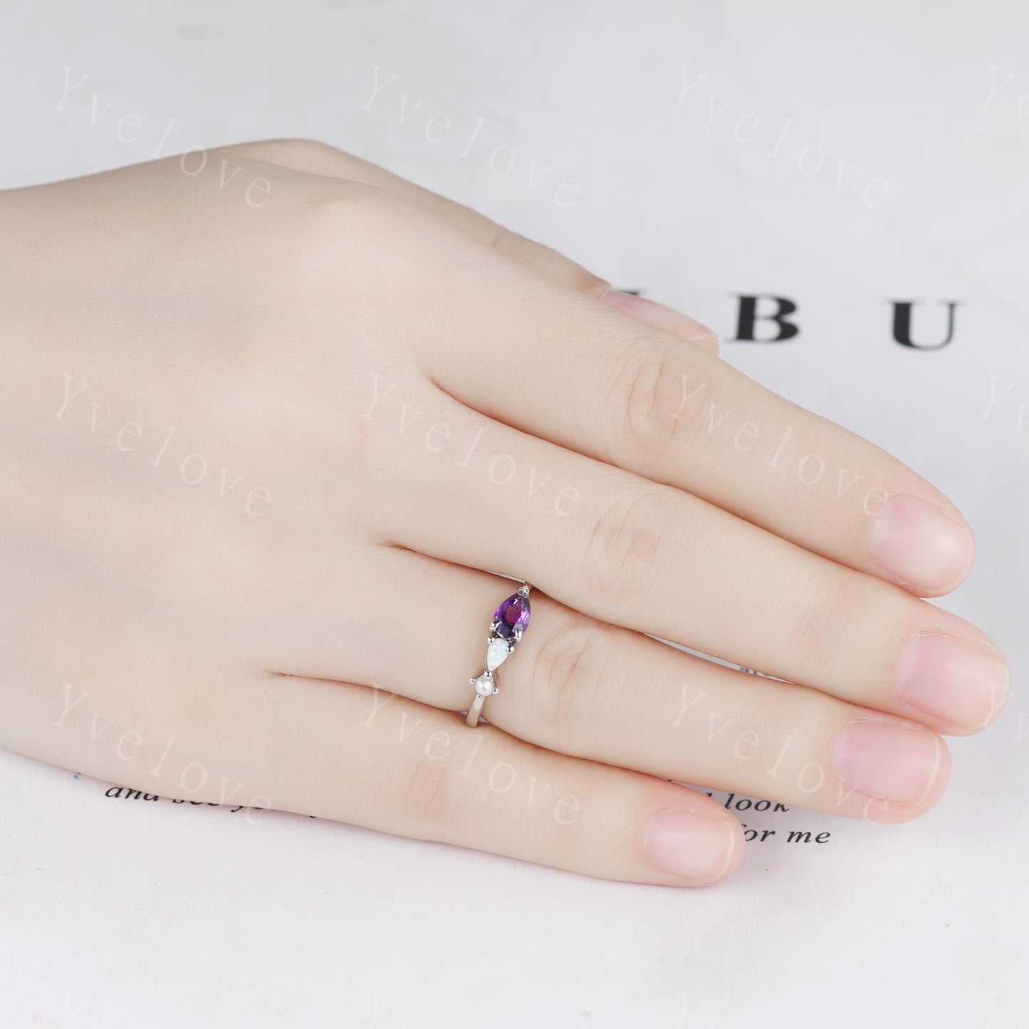 Vintage Amethyst Opal Engagement Ring,Pear Cut Gems,Art Deco Pearl Wedding Band,Unique Women Bridal Promise Ring,Sterling Silver Ring Gift
