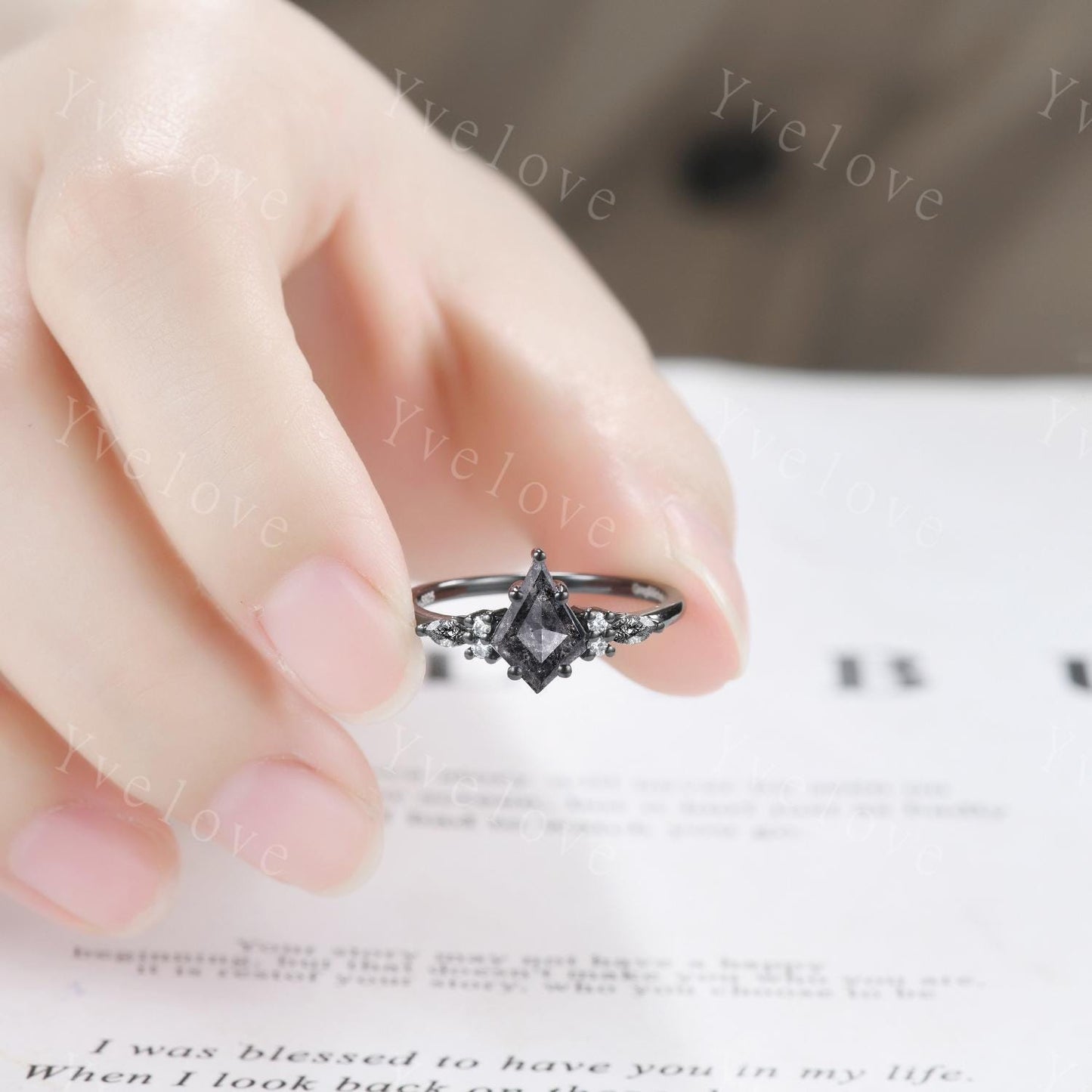 Dainty Kite Cut Salt and Pepper Diamond Engagement Ring Set Antique Black Gold Ring Black Rutilated Quartz Gems Bridal Set Promise Ring