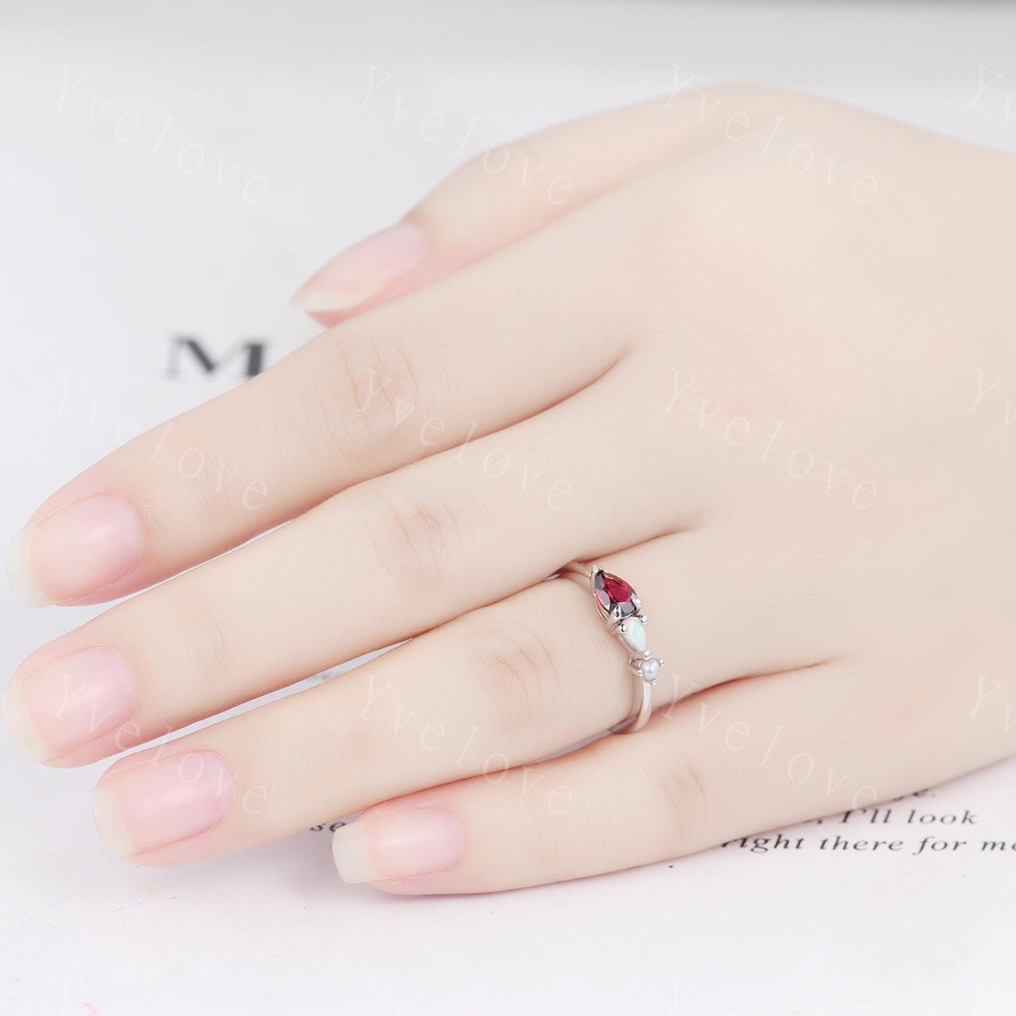 Vintage Red Garnet Opal Engagement Ring,Pear Cut Gems,Art Deco Pearl Wedding Band,3 Stone Unique Women Bridal Promise Ring,925 Silver Ring