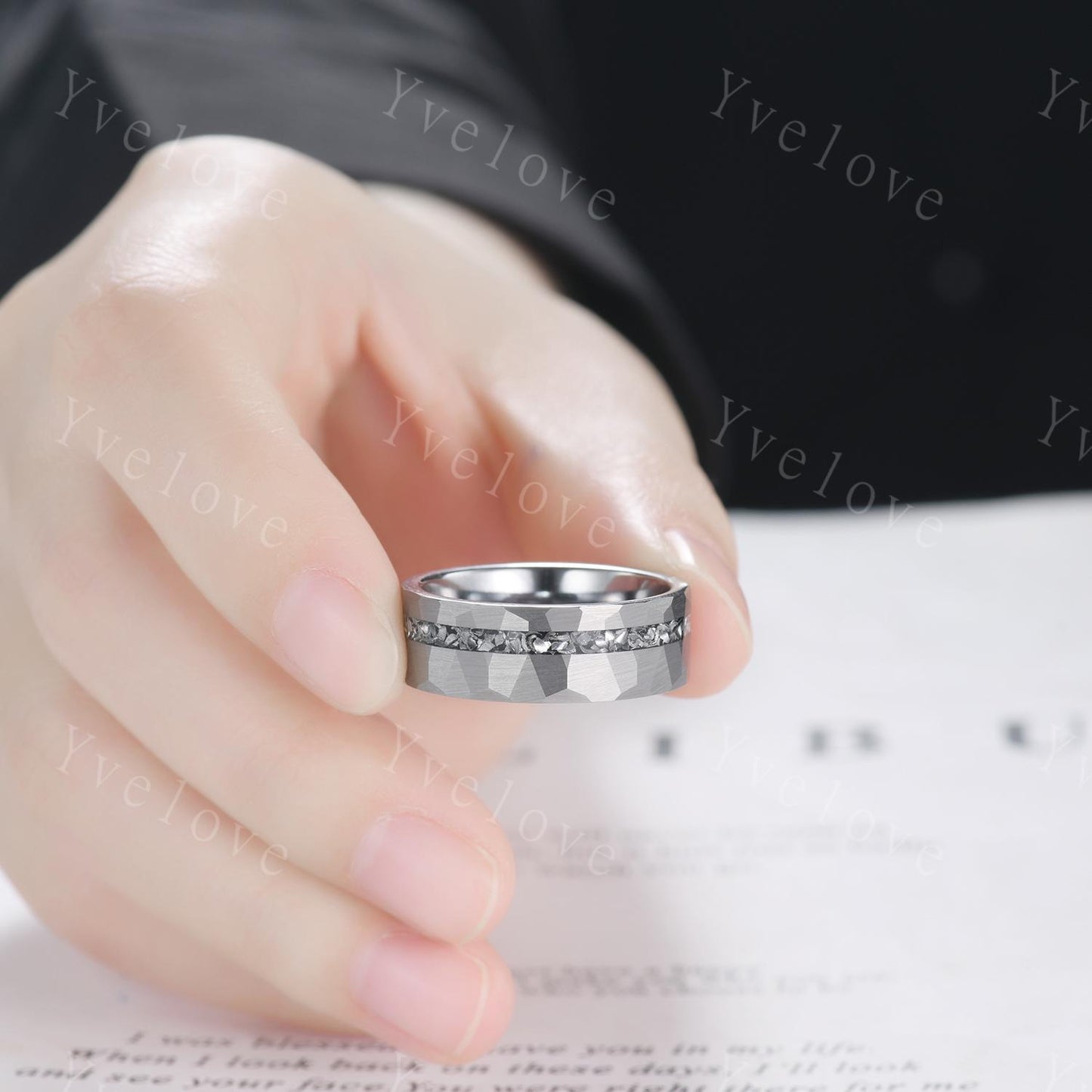 Hexagon Blue Onyx Couples Ring Set,Meteorite Ring,His and Hers Wedding Band,Mens Tungsten Silver Couple Rings Anniversary Gift Promise Ring