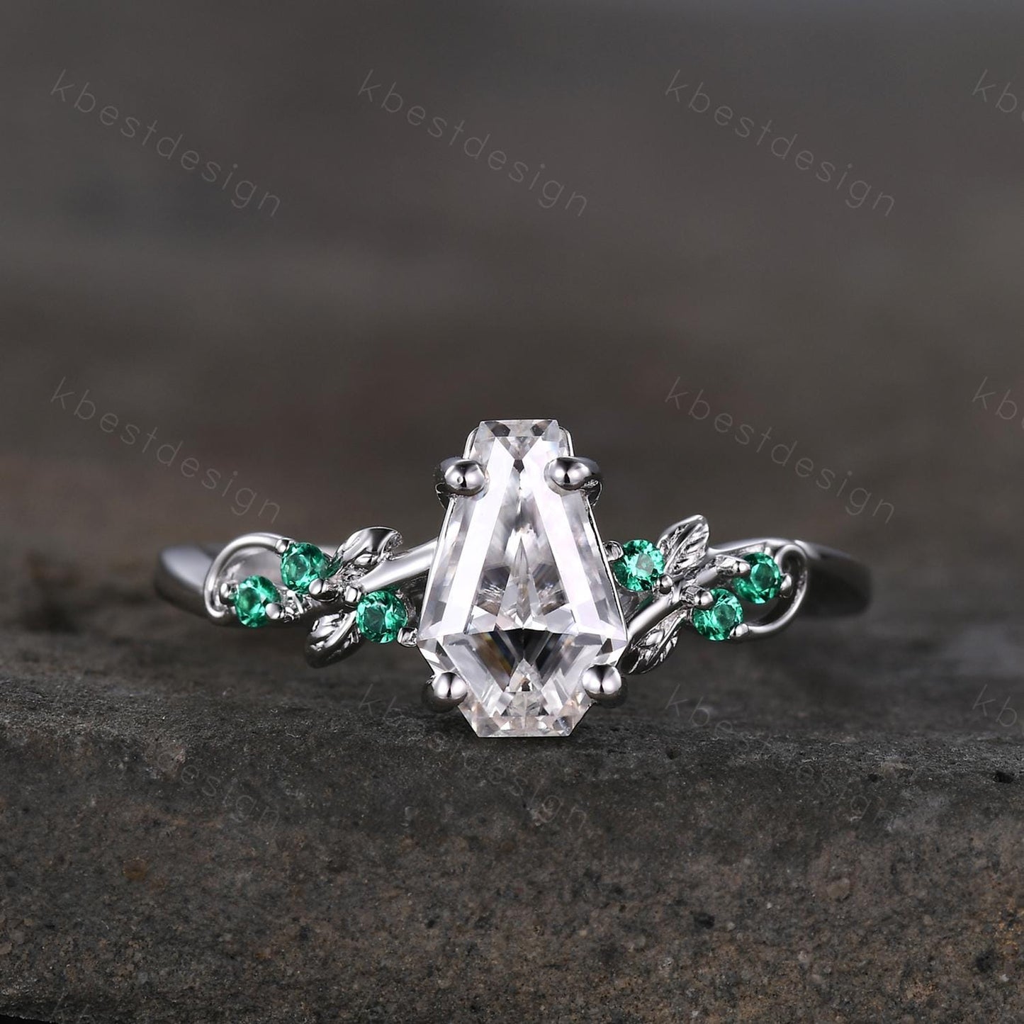 Coffin cut moissanite engagement ring 14k white gold ring Art deco leaf design emerald wedding ring nature inspired ring bridal promise ring
