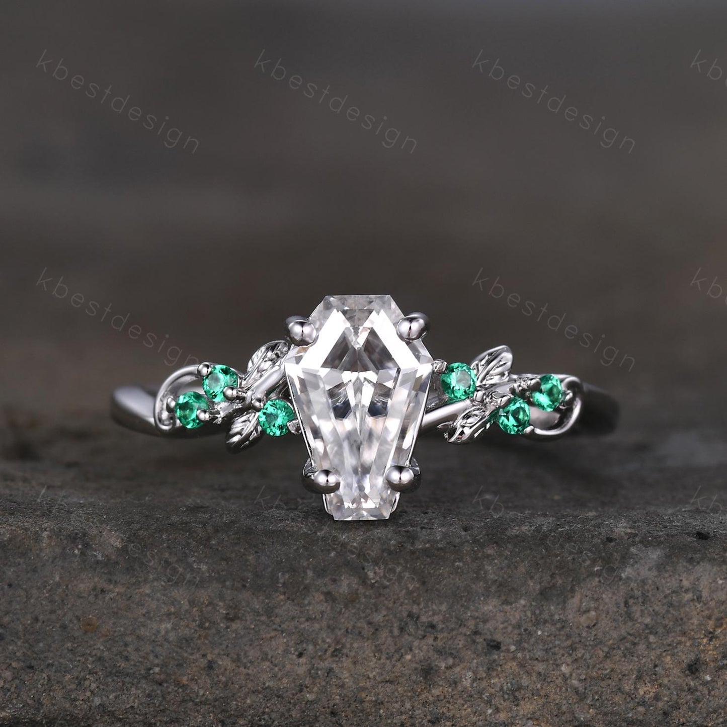 Coffin cut moissanite engagement ring 14k white gold ring Art deco leaf design emerald wedding ring nature inspired ring bridal promise ring