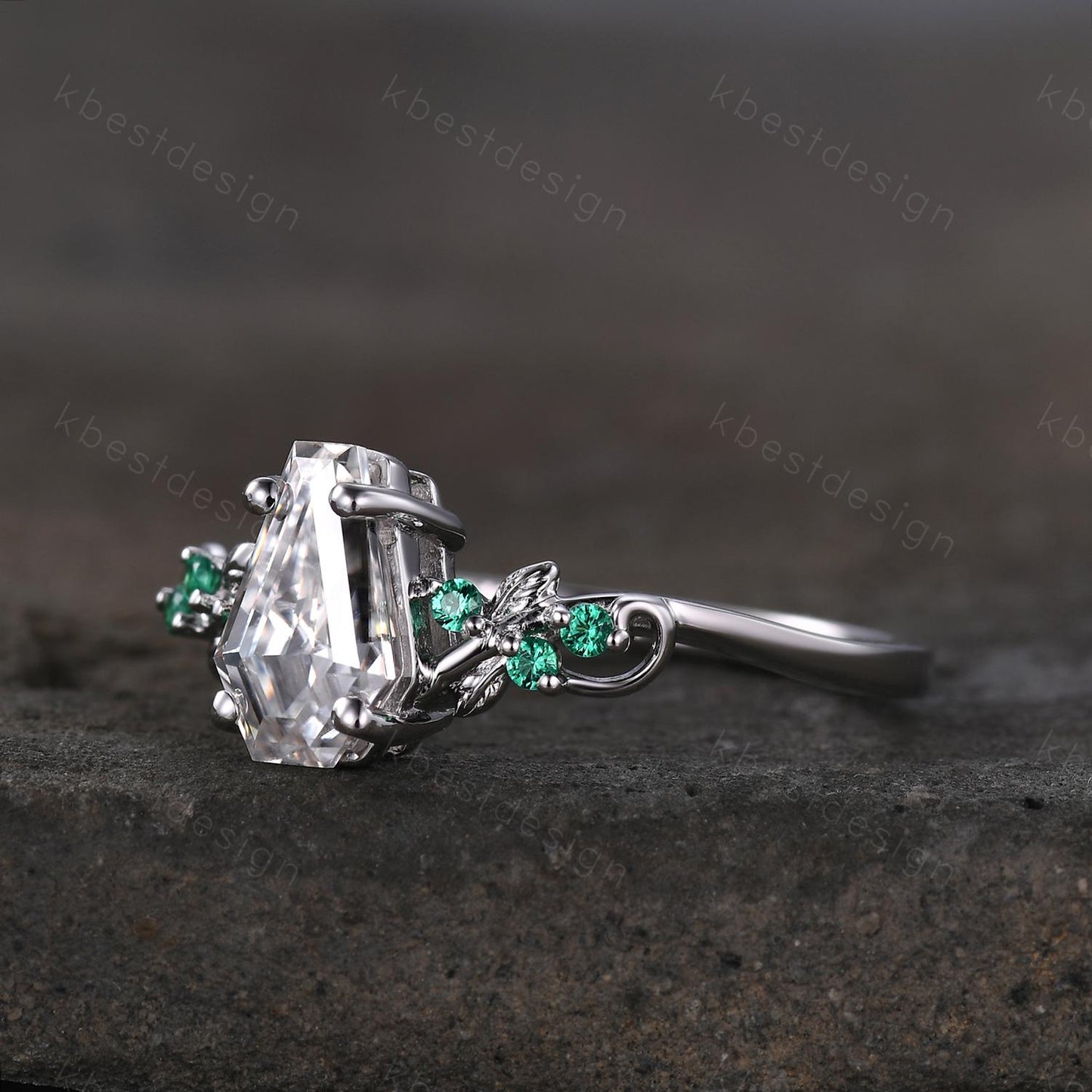Coffin cut moissanite engagement ring 14k white gold ring Art deco leaf design emerald wedding ring nature inspired ring bridal promise ring