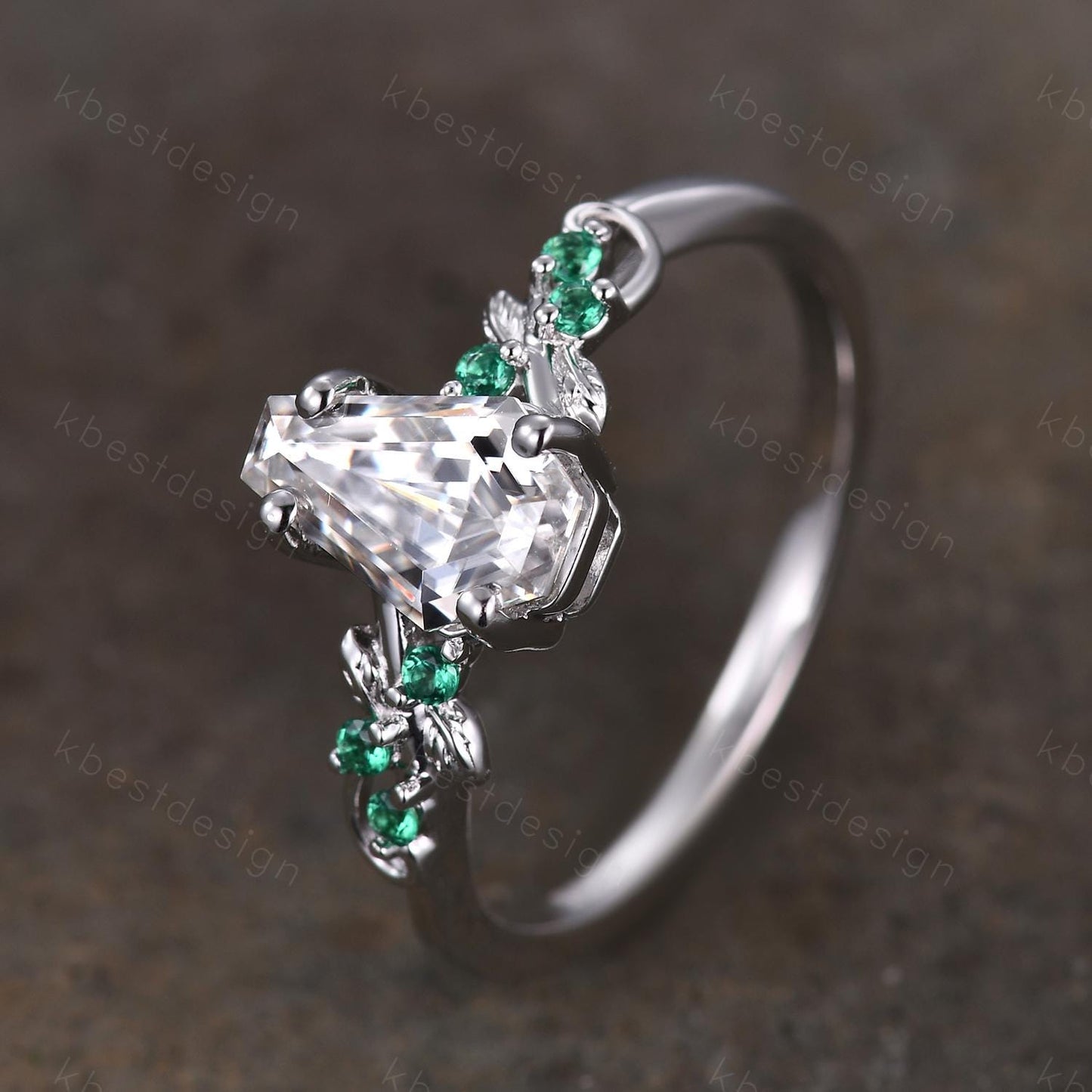 Coffin cut moissanite engagement ring 14k white gold ring Art deco leaf design emerald wedding ring nature inspired ring bridal promise ring
