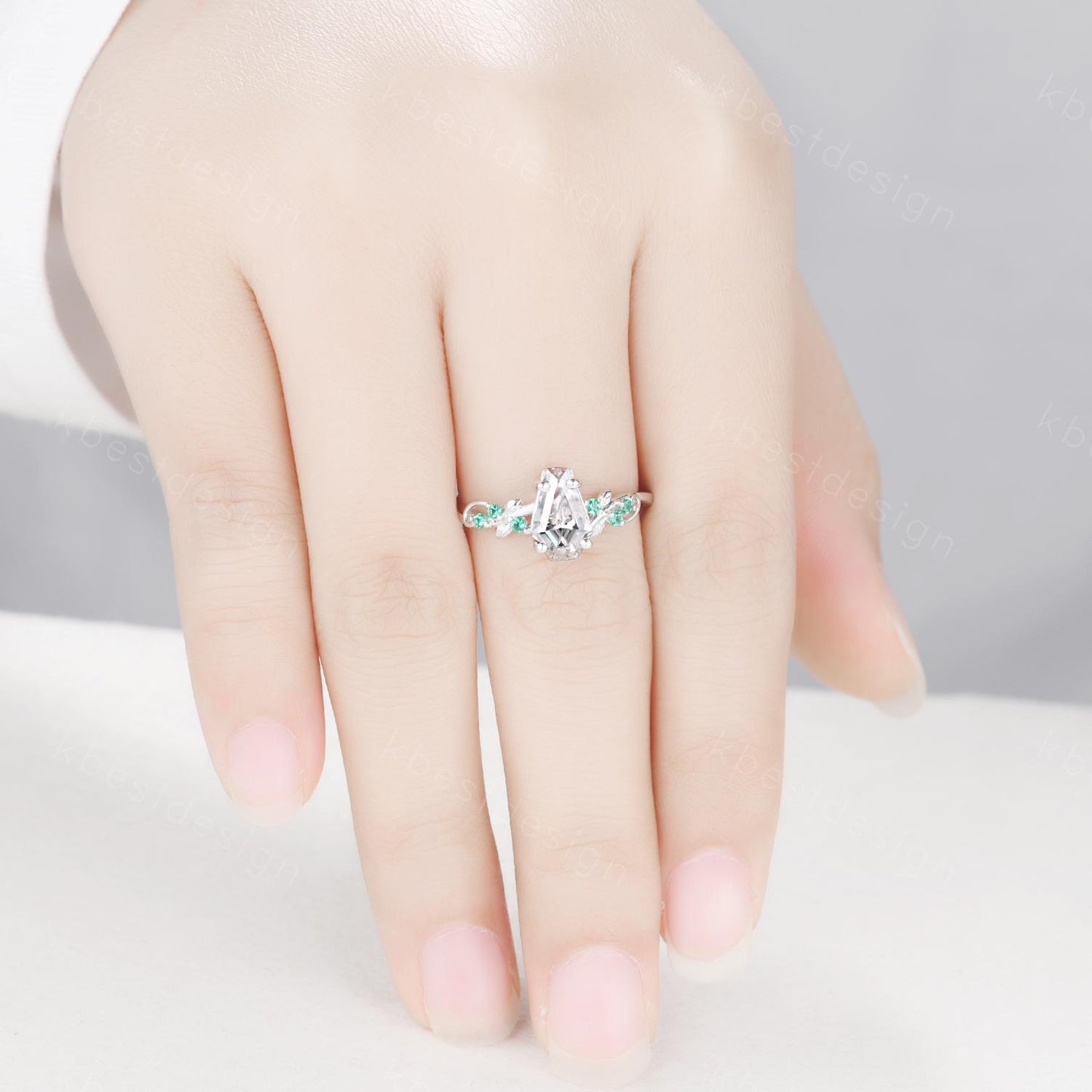 Coffin cut moissanite engagement ring 14k white gold ring Art deco leaf design emerald wedding ring nature inspired ring bridal promise ring