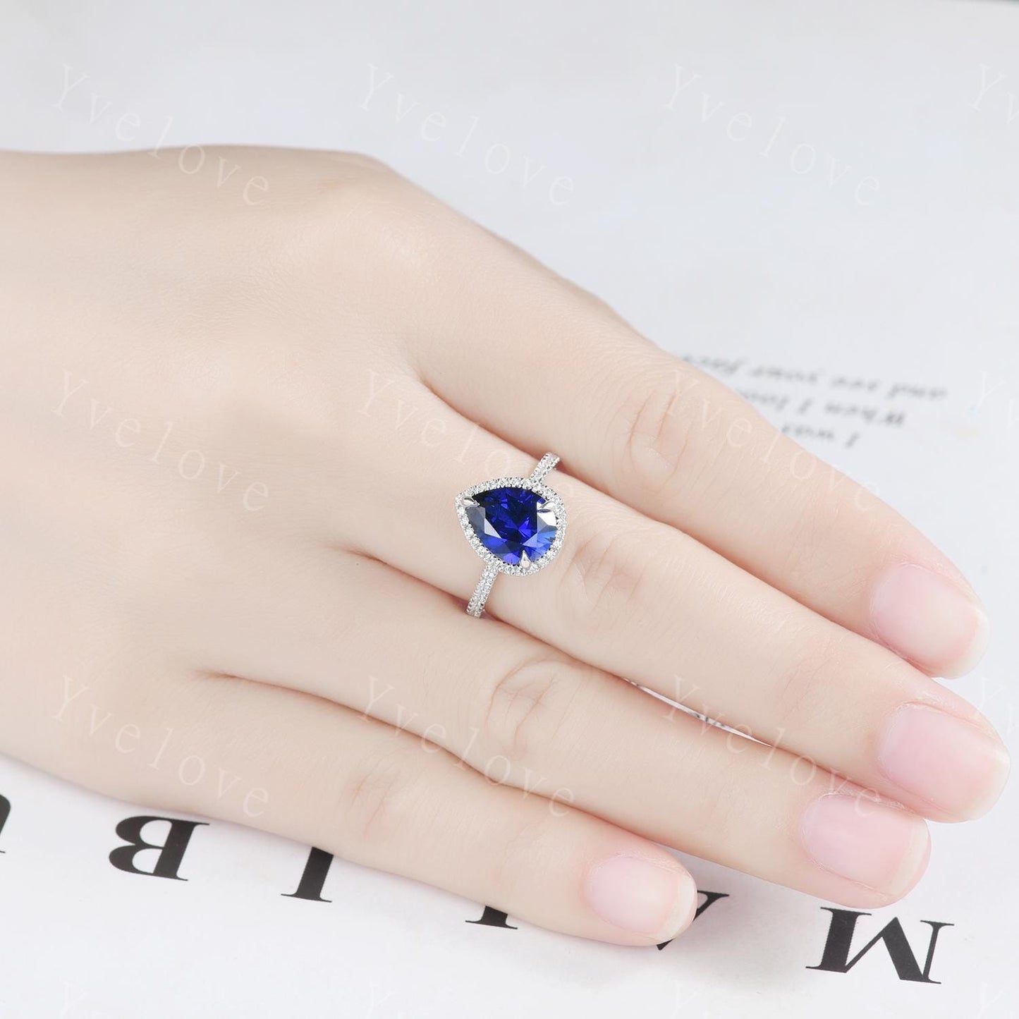 Vintage pear cut blue sapphire ring,tear drop sapphire ring white gold ring September birthstone wedding band anniversary gift promise ring