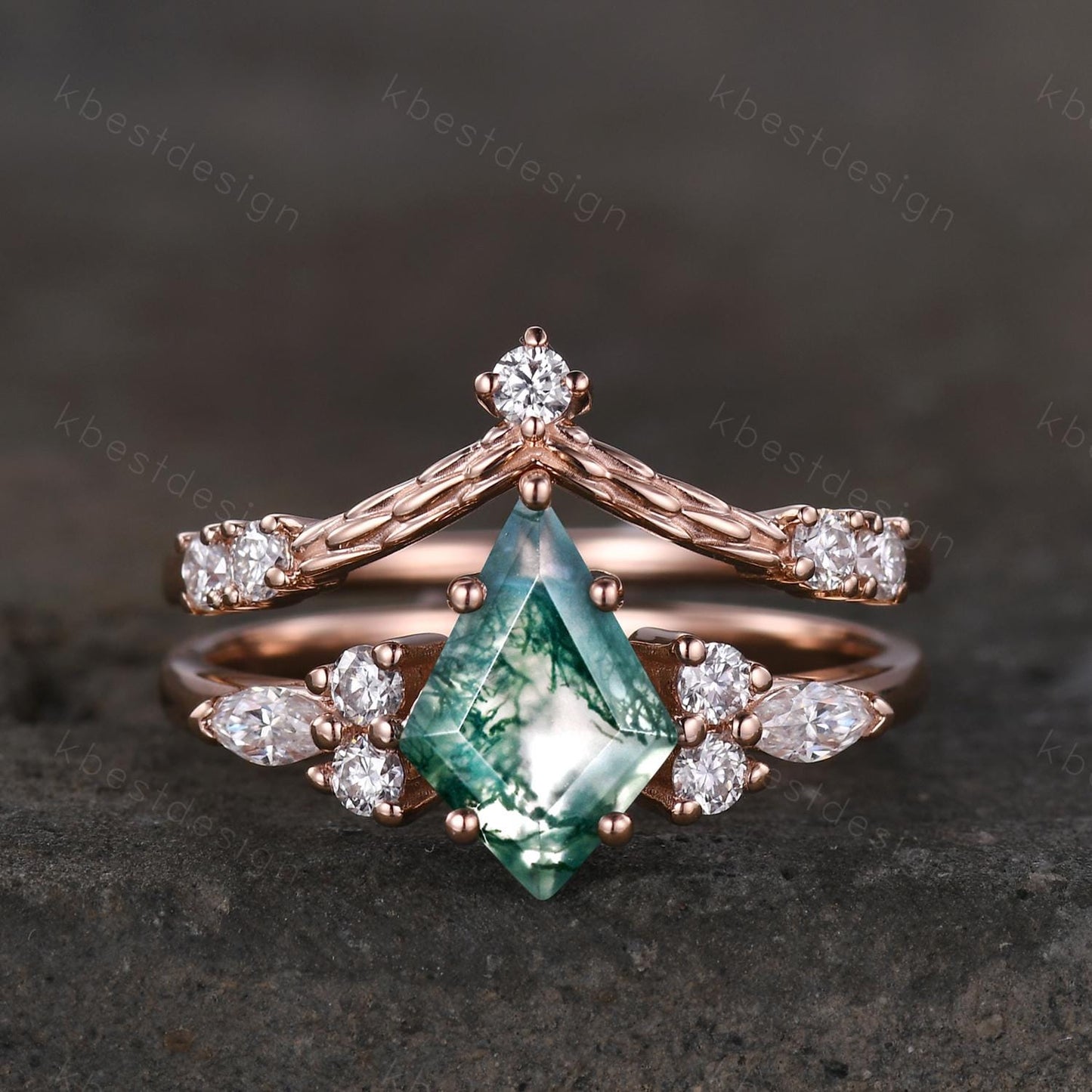 Vintage moss agate engagement ring set rose gold cluster moissanite ring for women curved stacking matching bands Promise anniversary ring