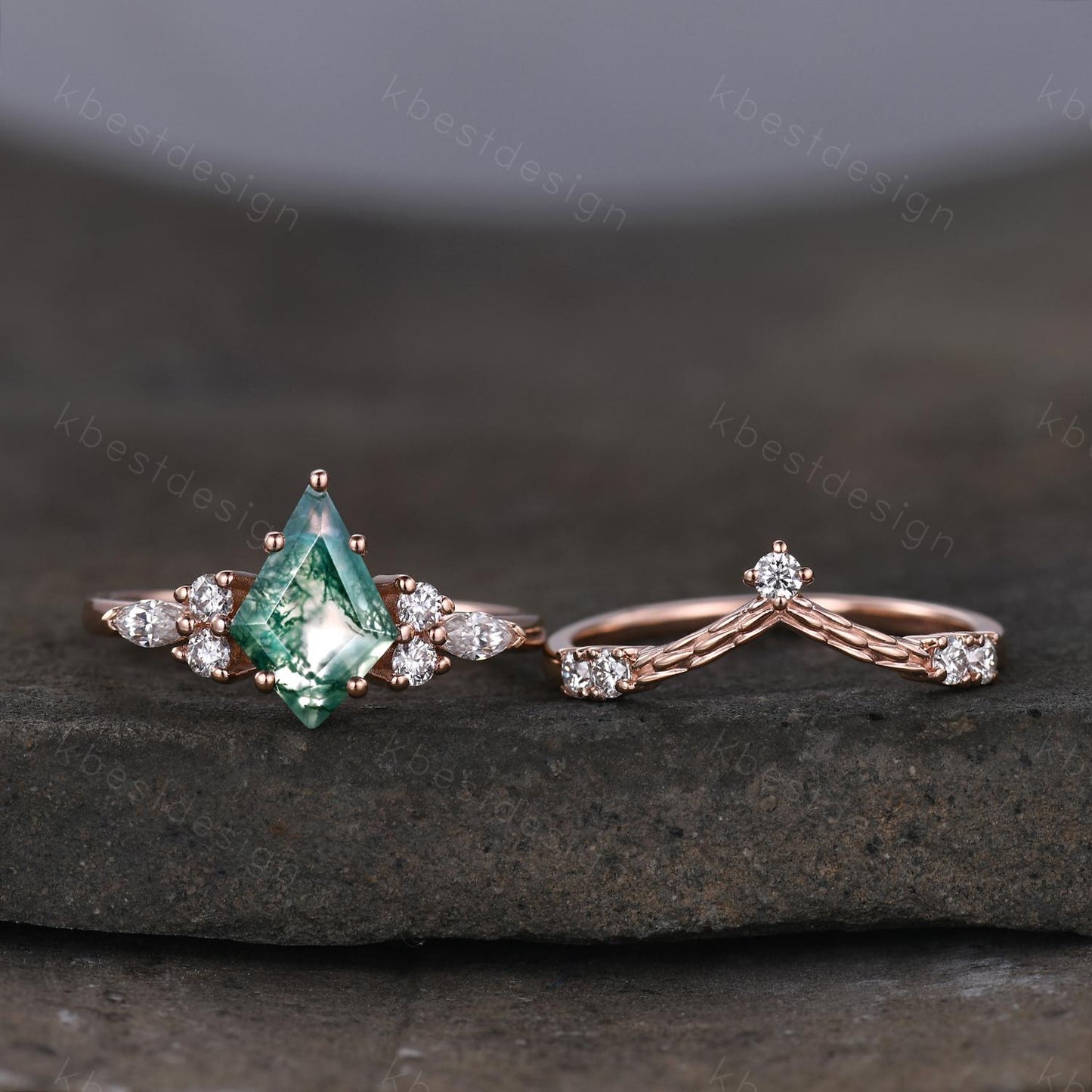 Vintage moss agate engagement ring set rose gold cluster moissanite ring for women curved stacking matching bands Promise anniversary ring