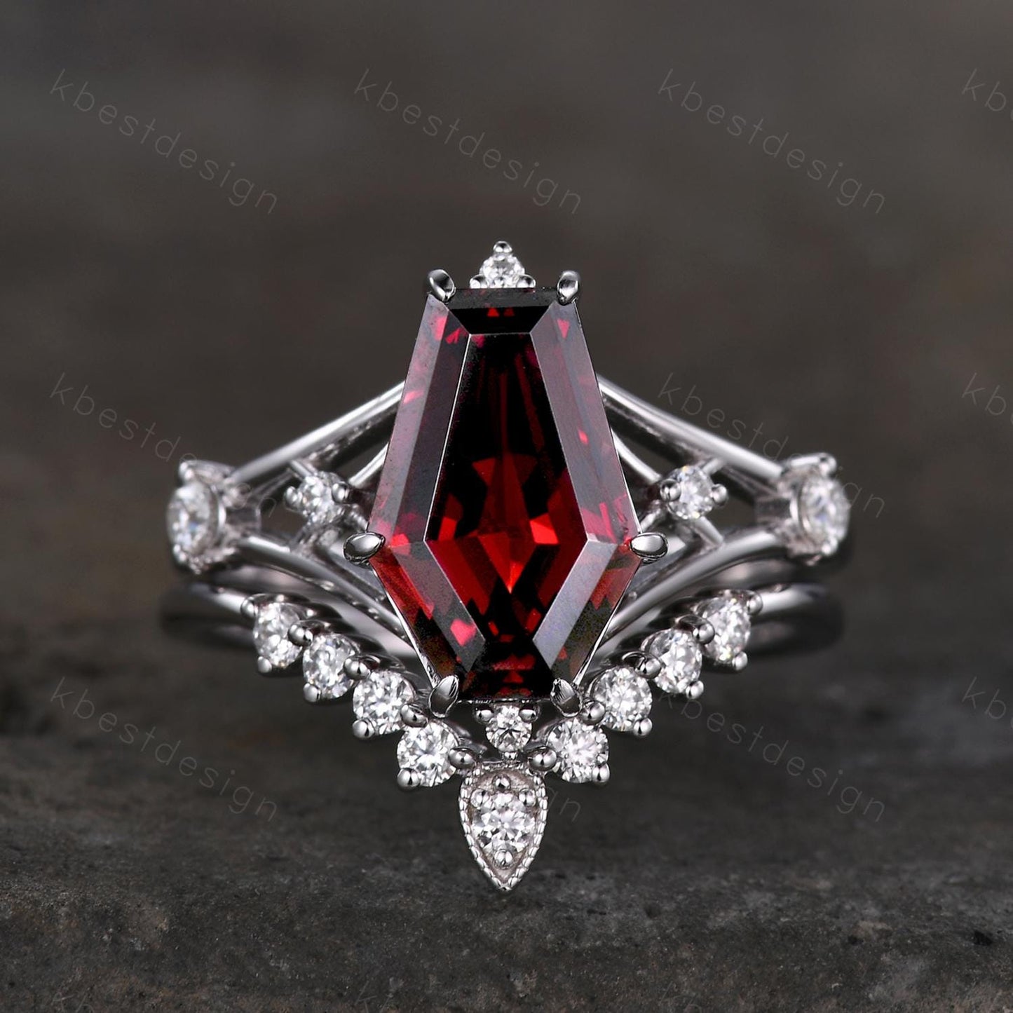 12x8mm Coffin cut Garnet Ring Unique Statement Ring Art Deco Engagement Ring Set Curved Moissanite Stacking Band Promise Bridal Ring