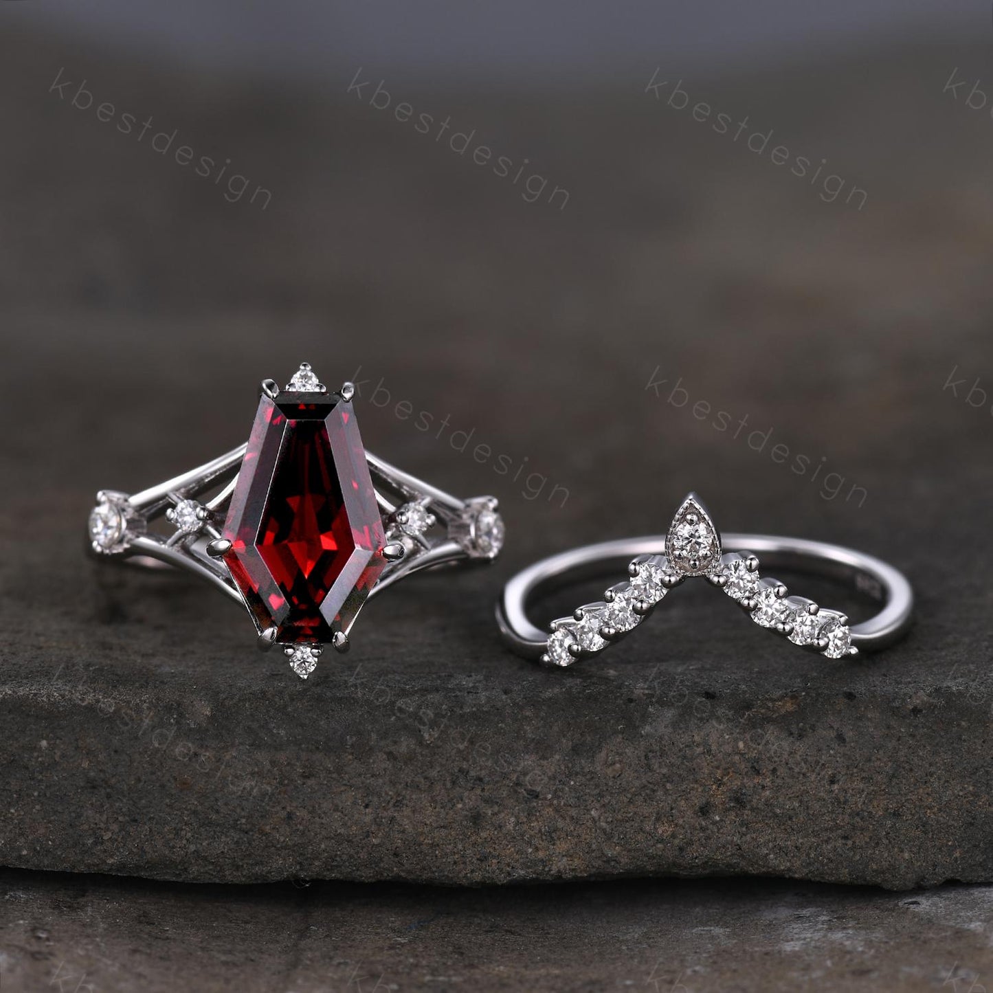 12x8mm Coffin cut Garnet Ring Unique Statement Ring Art Deco Engagement Ring Set Curved Moissanite Stacking Band Promise Bridal Ring