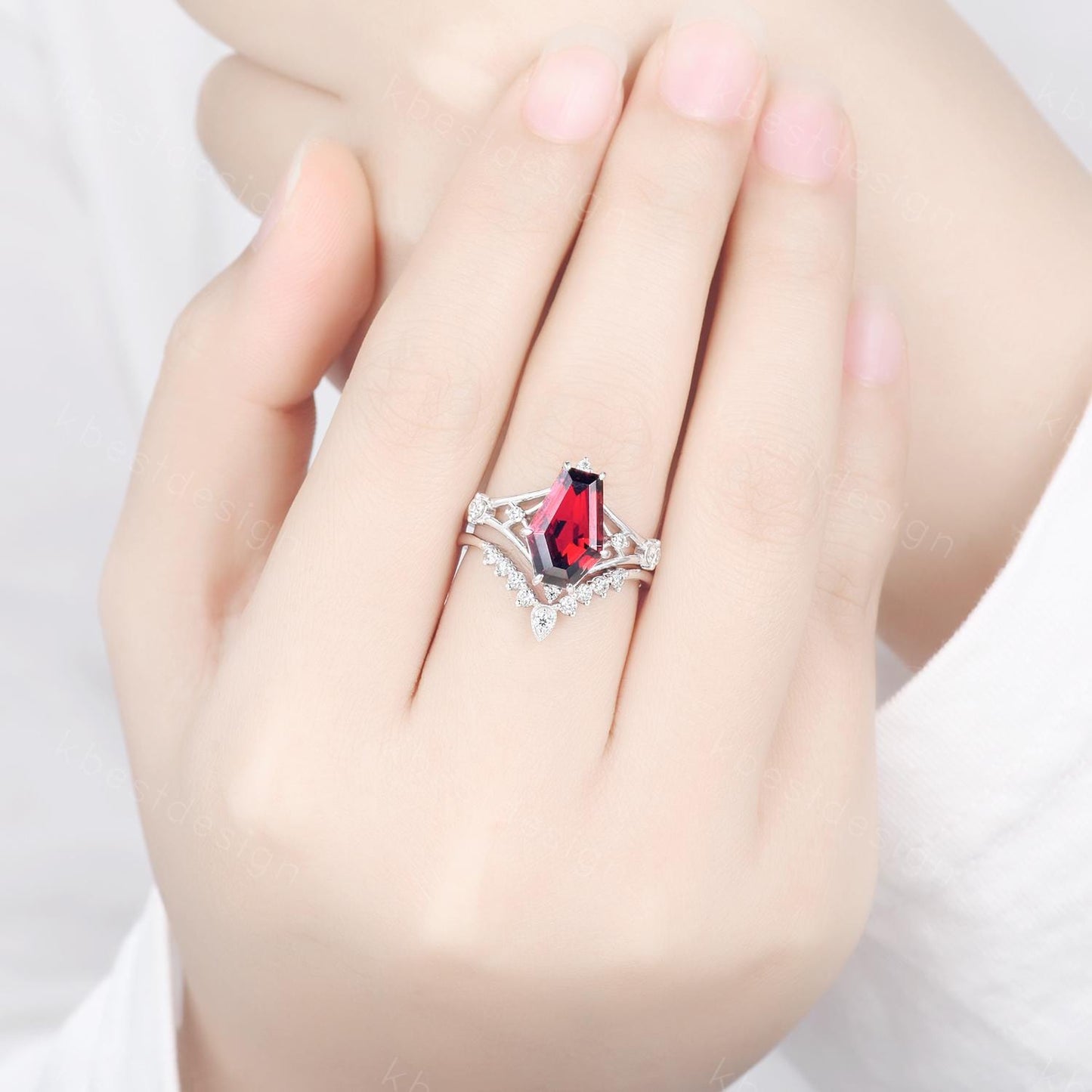 12x8mm Coffin cut Garnet Ring Unique Statement Ring Art Deco Engagement Ring Set Curved Moissanite Stacking Band Promise Bridal Ring