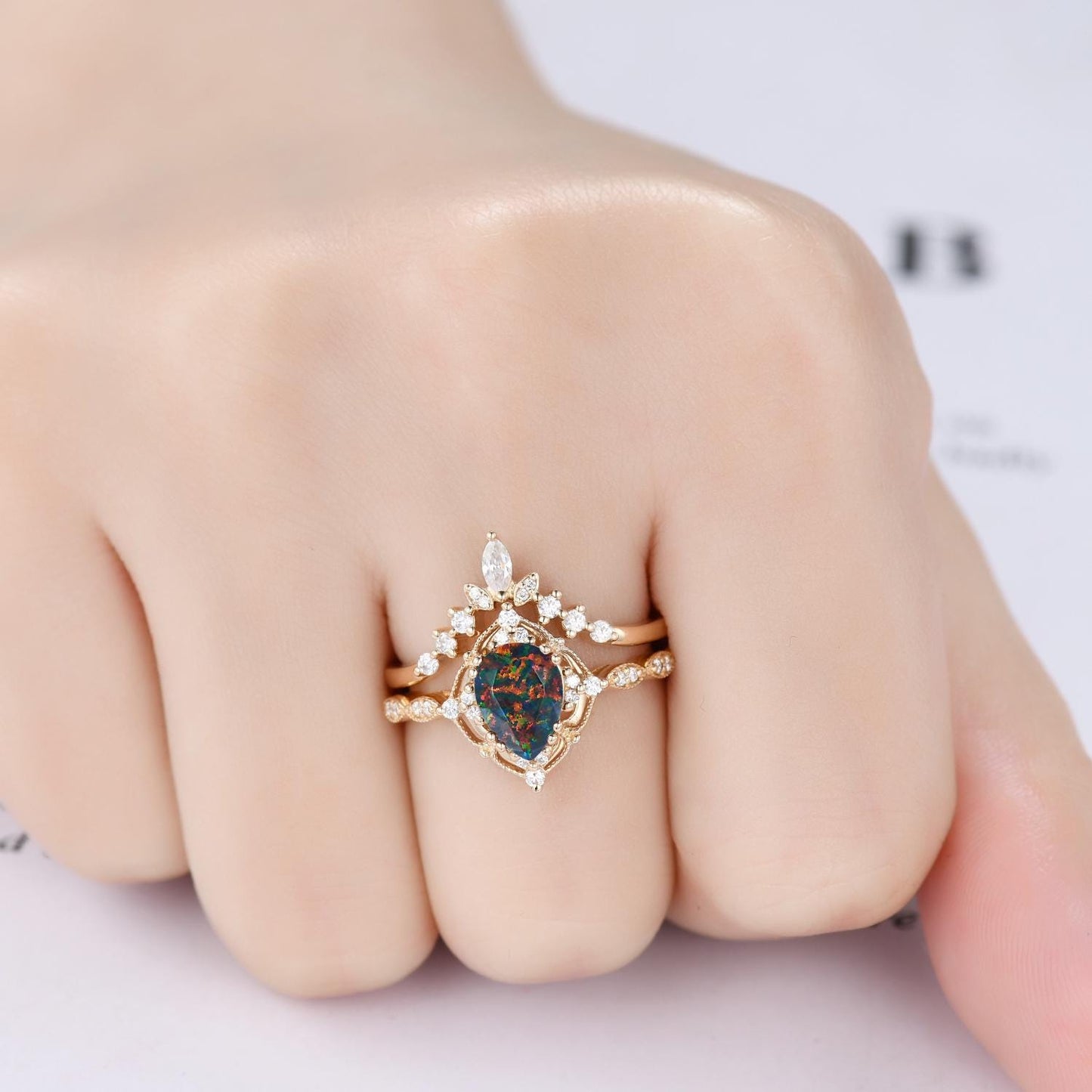 Vintage Black Fire Opal Engagement Ring,Pear Shape Black Opal Ring,14K Solid Gold Ring,Unique Women Moissanite Promise Ring For Her,Handmade