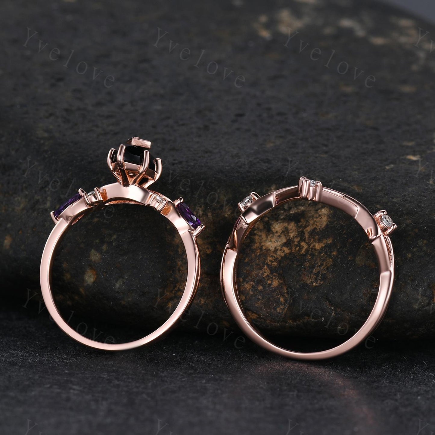 Vintage Marquise Black Onyx Engagement Ring Rose Gold Unique Amethyst Diamond Ring Onyx Ring Antique Bridal Promise Anniversary Gift Ring