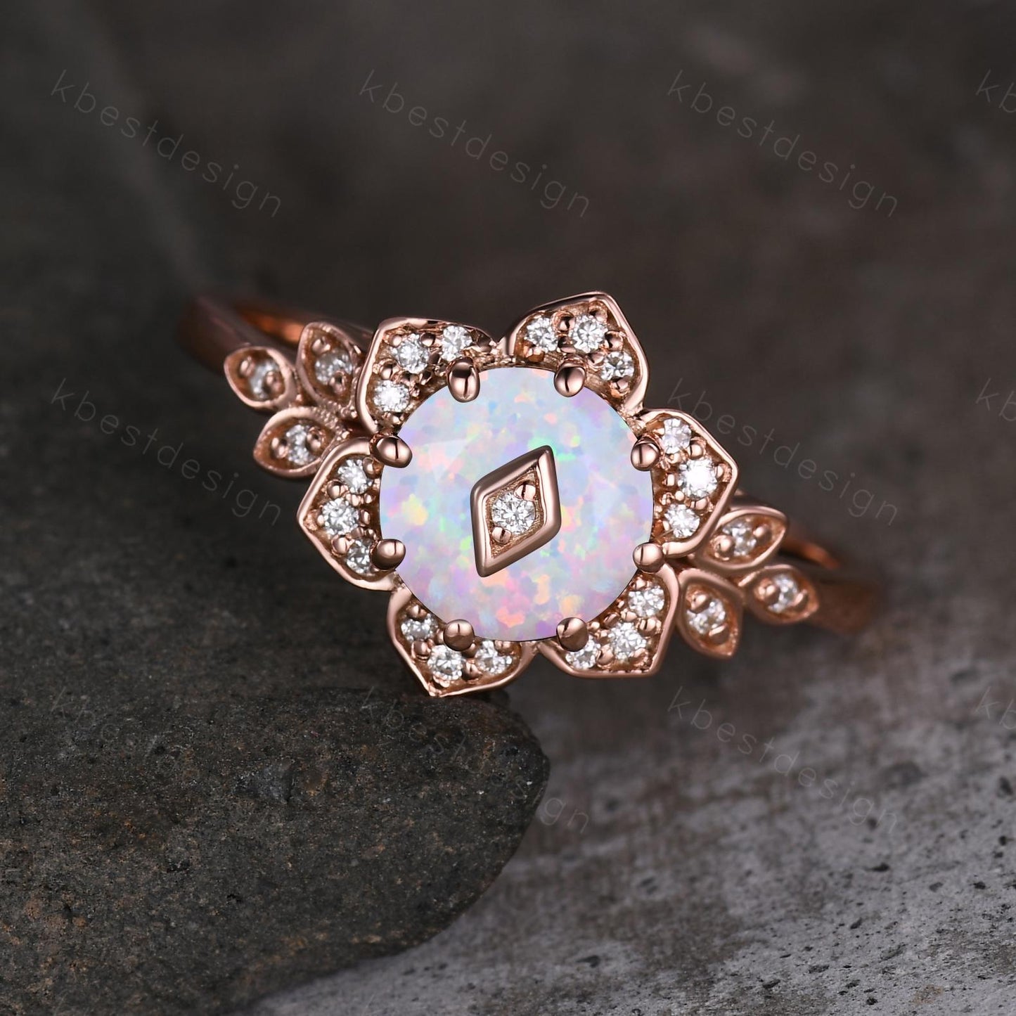 Vintage round White Opal engagement ring antique moissanite halo ring rose gold floral petal ring Nature inspired ring Promise ring