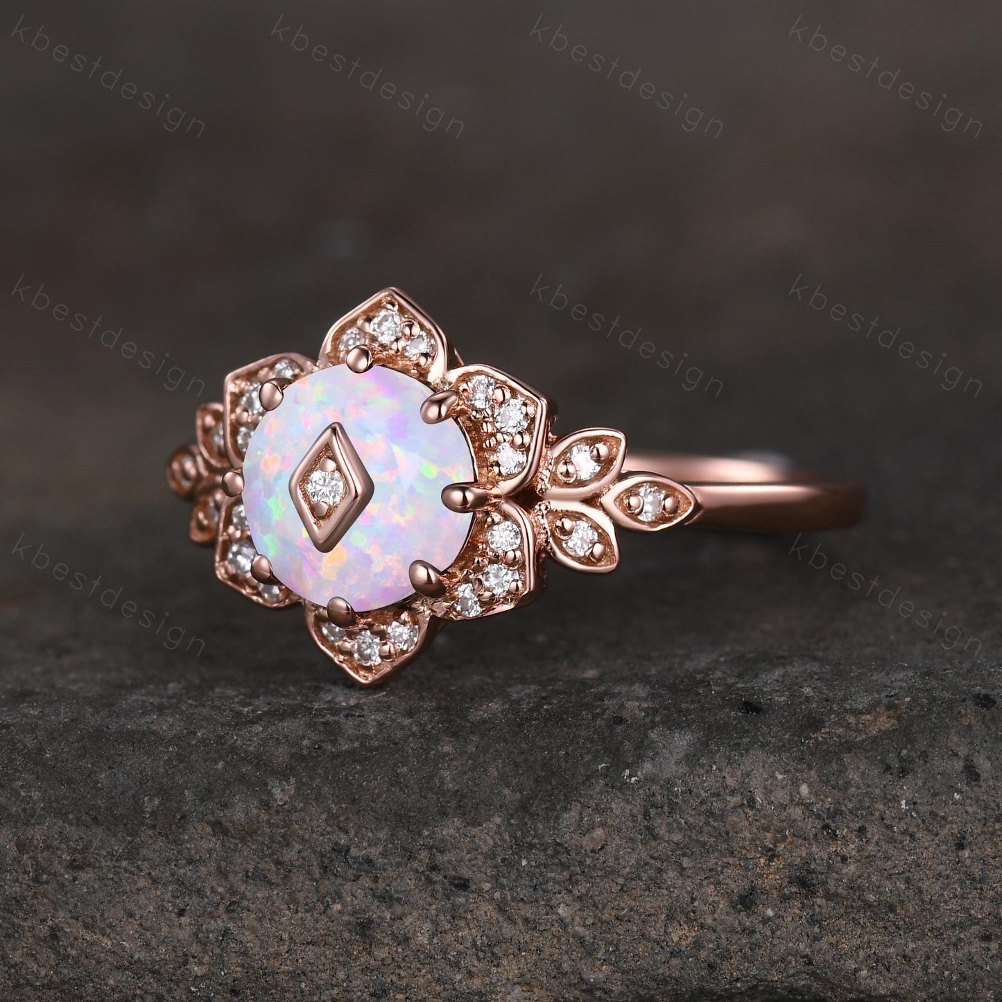 Vintage round White Opal engagement ring antique moissanite halo ring rose gold floral petal ring Nature inspired ring Promise ring